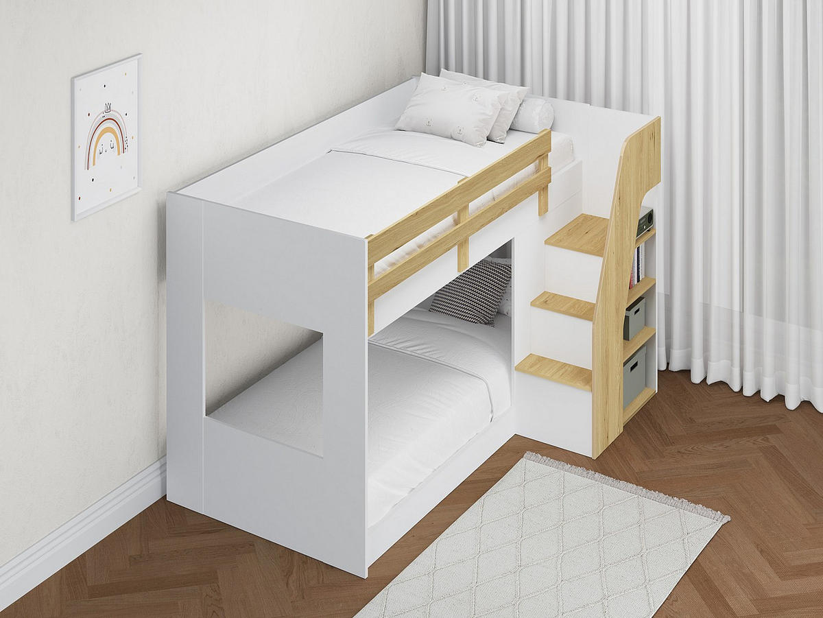 ETAGENBETT - 2 Personen - Holz, Platte - Naturfarben Hell, Weiß - - Naturfarben/Weiß, Holz (90/190cm) - Vente-Unique