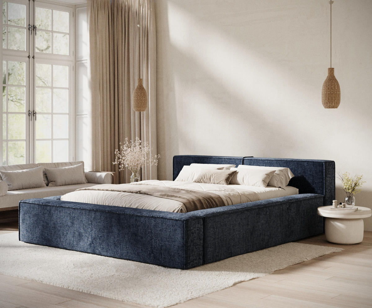 POLSTERBETT Voliera Marineblau 140/200 cm im Chenille-Stoff - Birkefarben/Schwarz, Holz/Holzwerkstoff (140/200cm) - Maison de Reve
