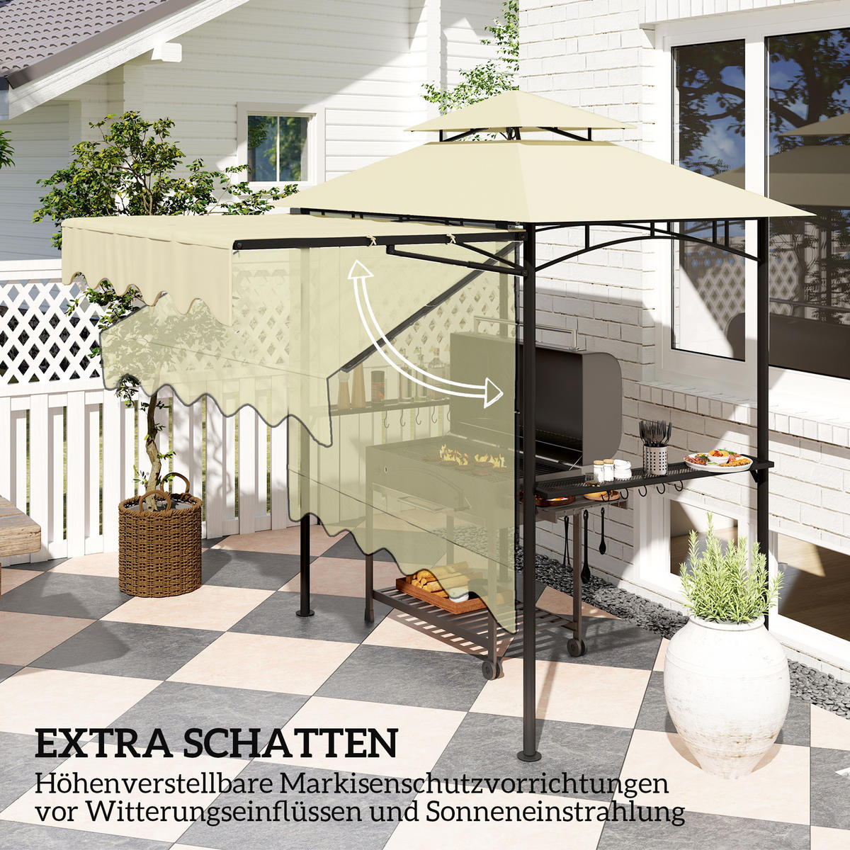 GRILLPAVILLON 242x232x248 cm wasserabweisend flammhemmend Gartenpavillon mit Doppelschichtdach Beige - Beige, Metall (242/248/232cm)