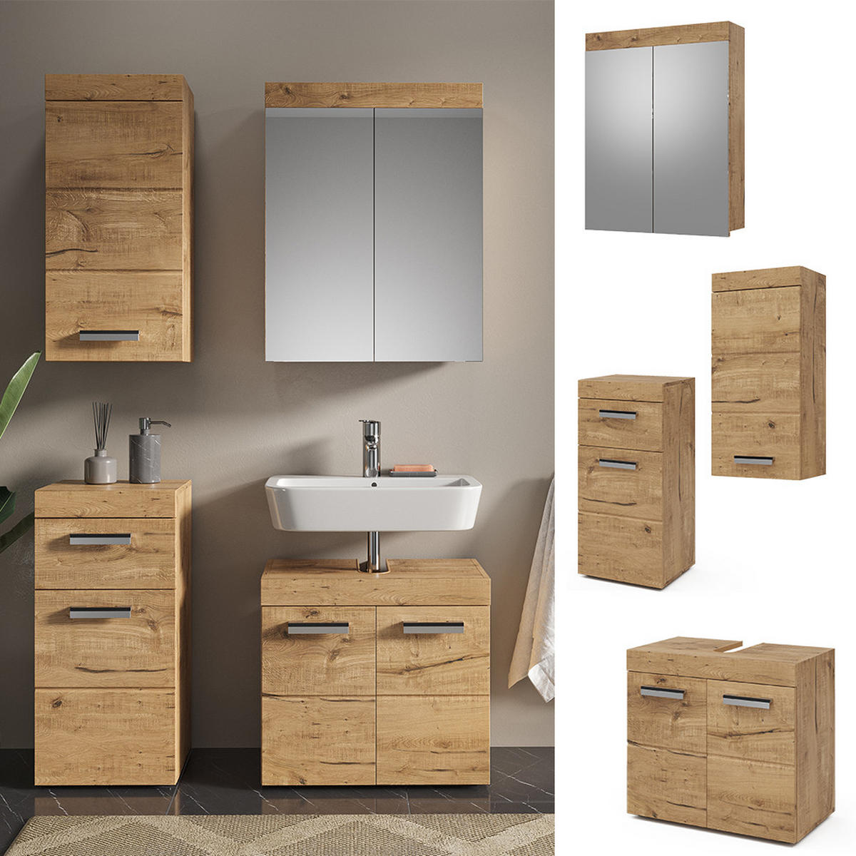 BADMÖBEL-SET Luna Eiche Wotan 4 Teile, mit Hängeschrank - Eiche Wotan, Holzwerkstoff (60/56/34cm) - Vicco