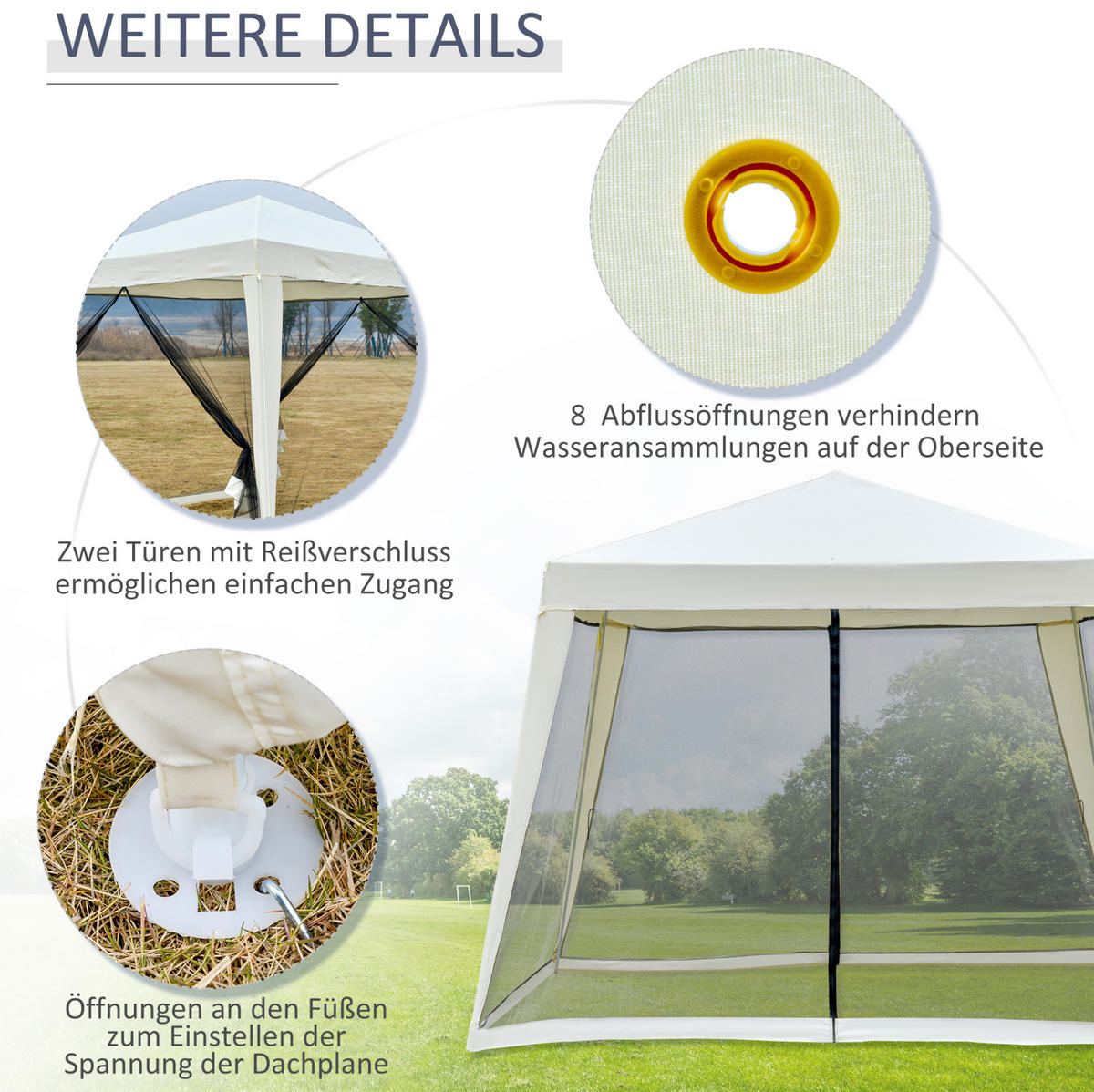 GARTENPAVILLON 300/300/245 cm mit Moskitonetz, wasserabweisendem Polyesterdach und Stahlgestell, Cremeweiß - Weiß, Metall (300/245/300cm) - Redom