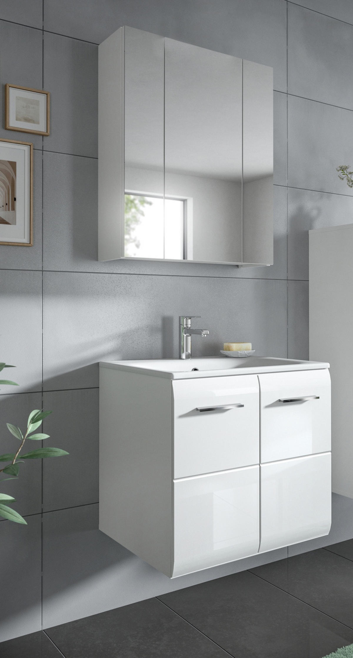 BADMÖBEL-SET 2-teilig weiß Hochglanz, Kombination inklusive Waschbecken 60 cm - Weiß Hochglanz/Silberfarben, Glas/Keramik (60/185/46cm) - Inn.Furn