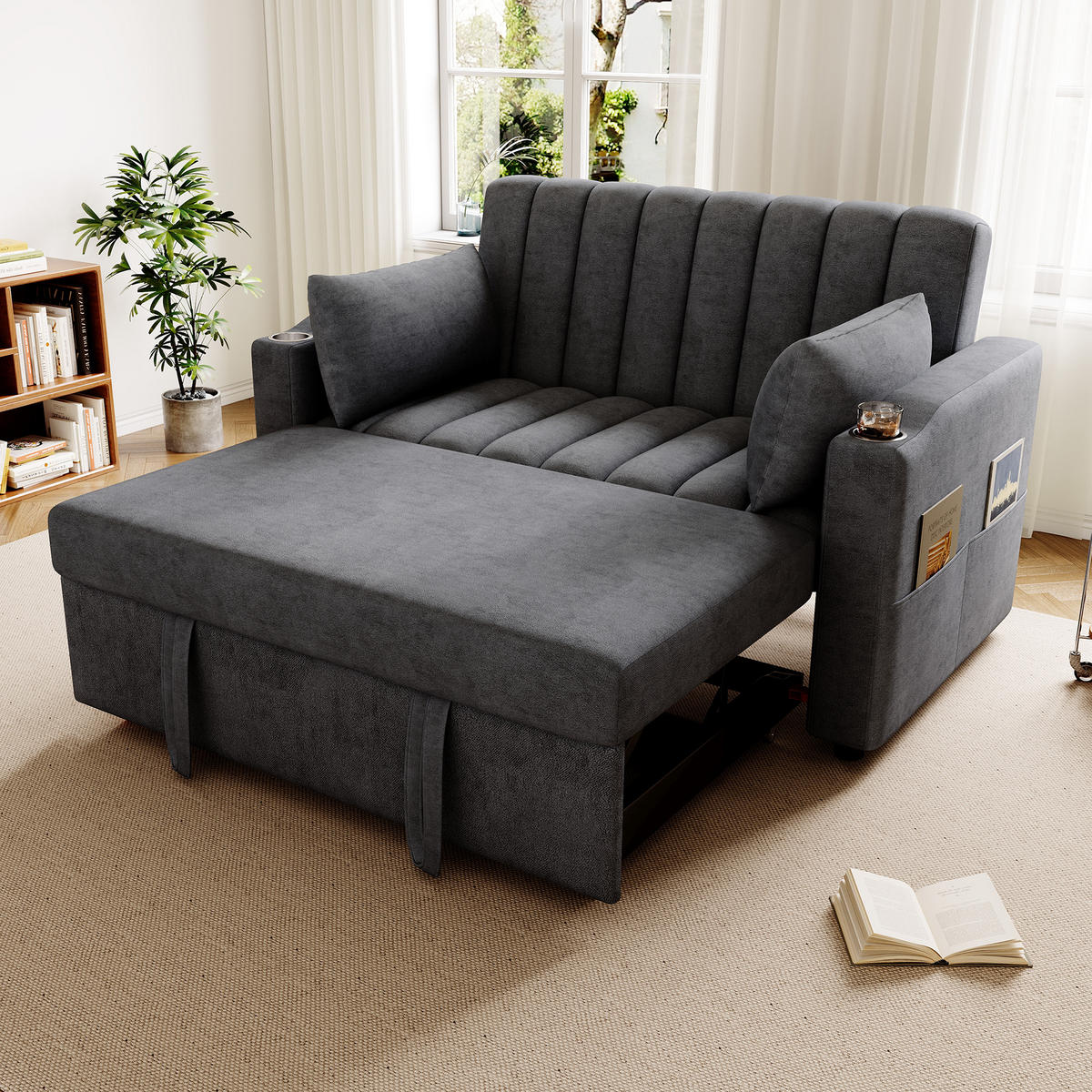 SCHLAFSOFA Multifunktional mit verstellbarer Rückenlehne und Getränkehaltern Grau Baumwolle 136/162/84 cm - Grau, Textil (136/84/162cm) - OKWISH