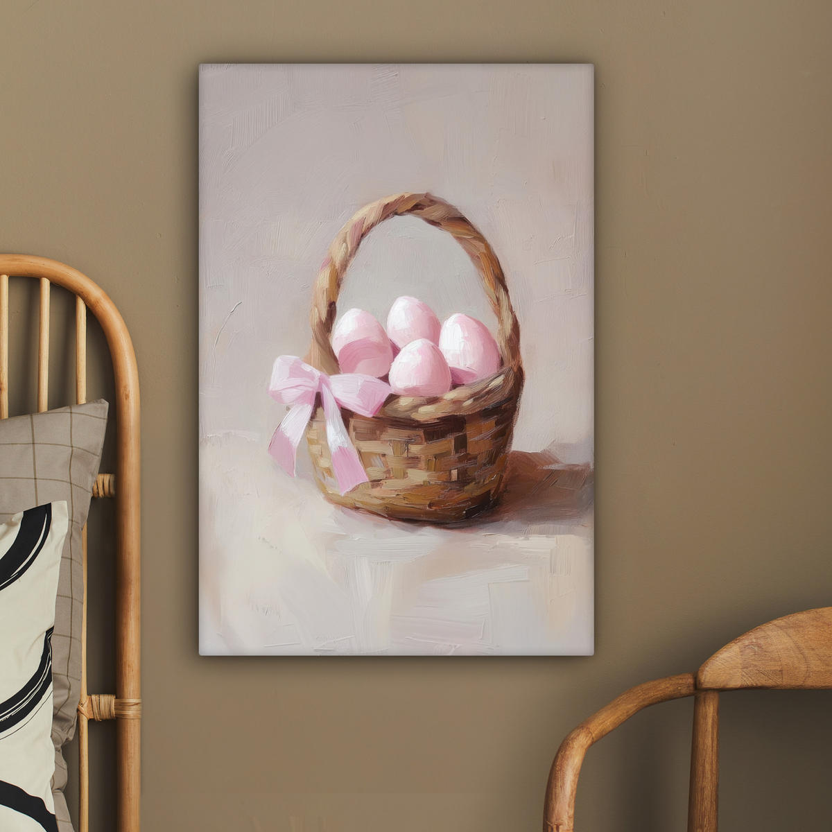 LEINWANDBILD Korb - Eier - Rosa Wanddeko Schlafzimmer 60x90 cm - Beige, Textil (60/90cm) - MuchoWow