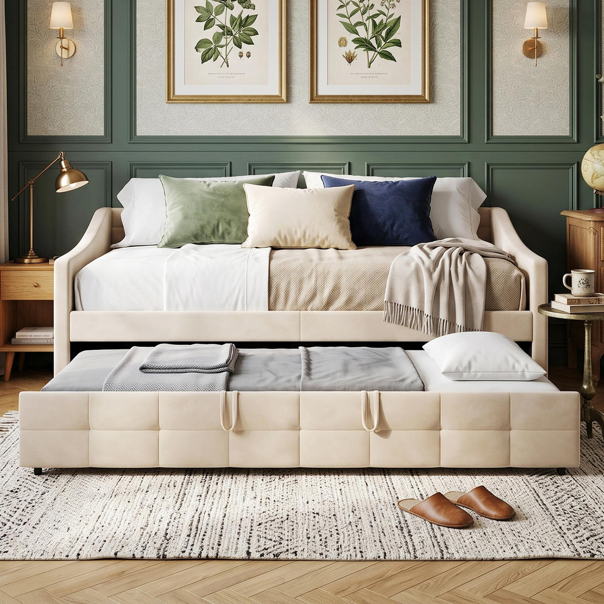 POLSTERBETT Tagesbett 90/200 cm erweiterbar auf 180/200 cm Samtoptik Creme - Beige, Textil (90/200cm) - Creahappy