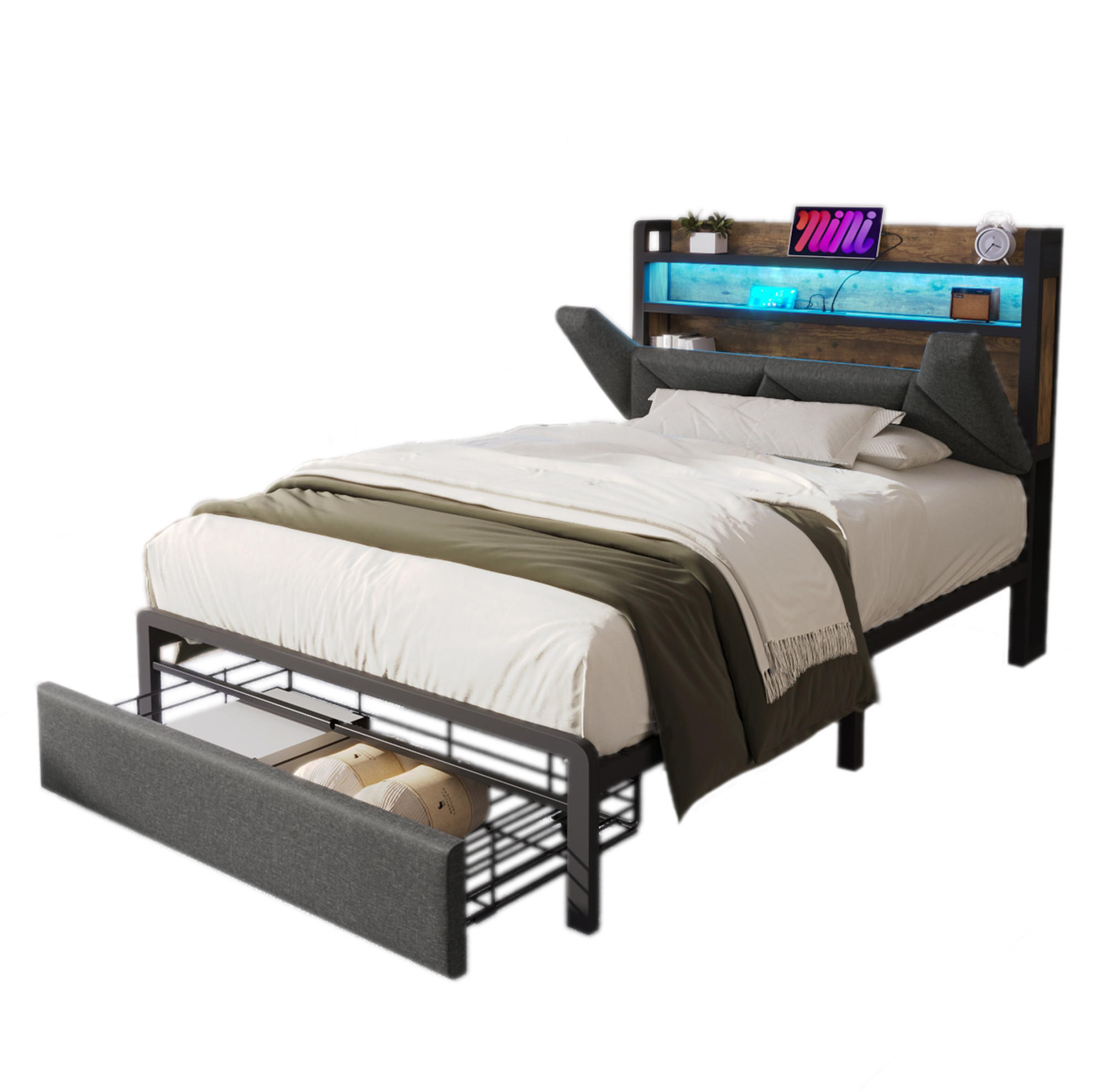 TAPECIRANI krevet od lana 90x200 cm sivi s LED rasvjetom, USB/Type-C priključcima, uzglavljem za odlaganje i ladicom - siva, tekstil (90/200cm) - Modfu