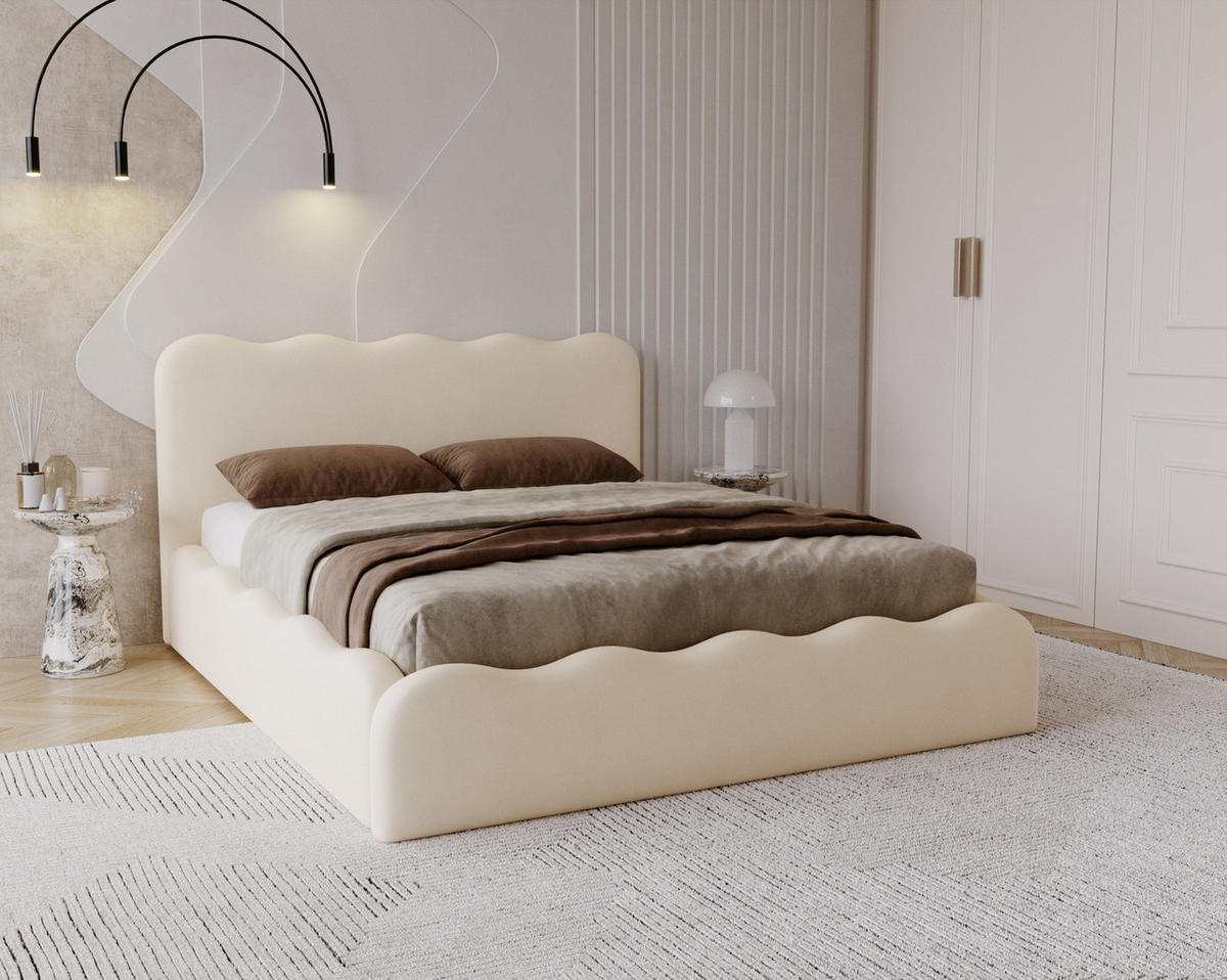 POLSTERBETT 160x200 Wave, Bettkasten, Samtstoff, Beige - Beige, Holz/Textil (160/200cm) - Emporius