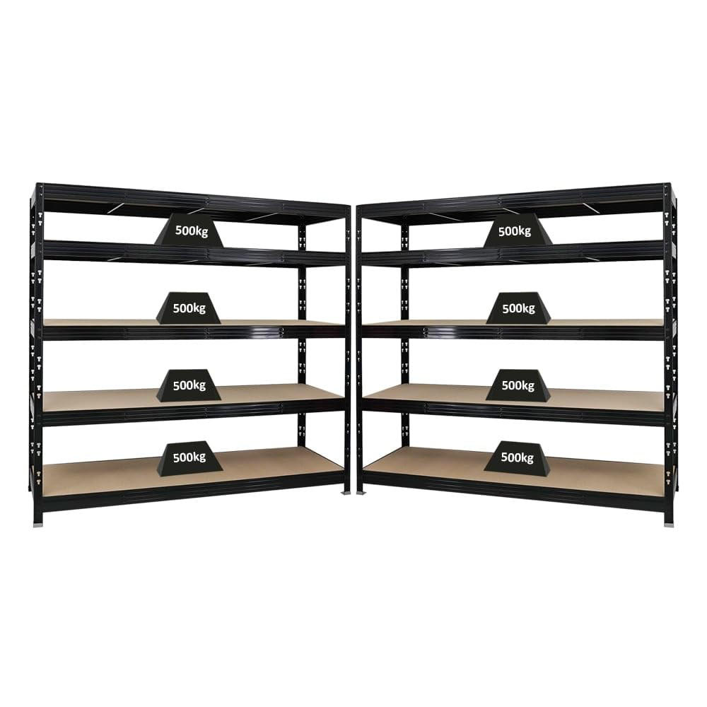 SCHWERLASTREGAL Rhino 2er-Set mit 2x 180x200x60 cm 5 Spanplatten-Ebenen 8mm Fachlast 500 kg Schwarz - Schwarz, Metall (400/180/60cm) - PROREGAL