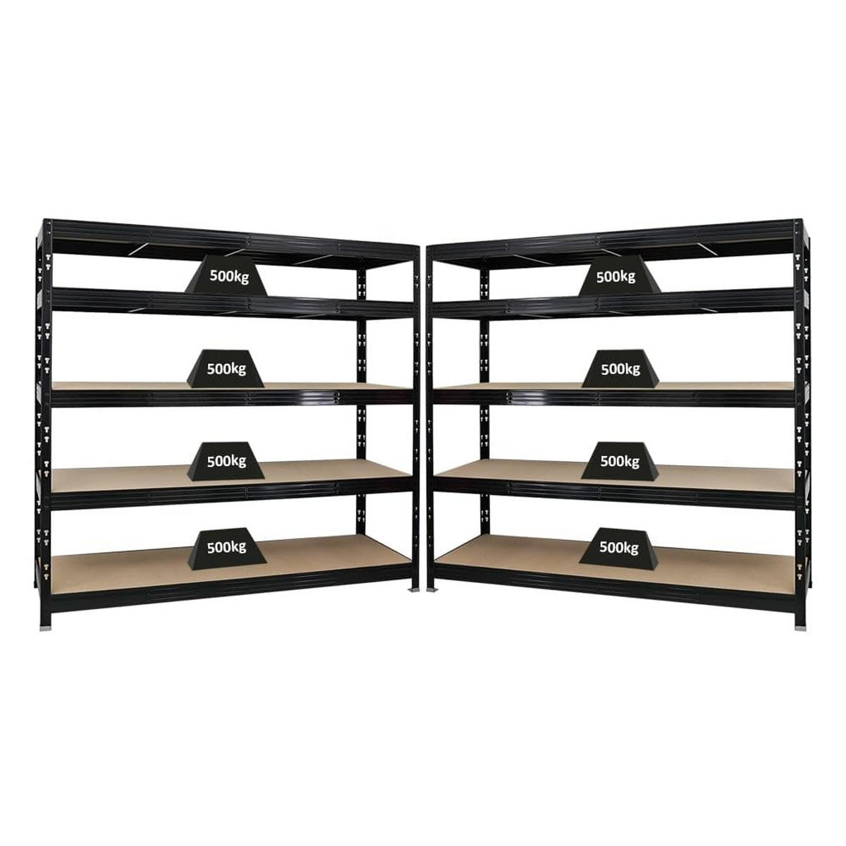 SCHWERLASTREGAL Rhino 2er-Set mit 2x 180x200x60 cm 5 Spanplatten-Ebenen 8mm Fachlast 500 kg Schwarz - Schwarz, Metall (400/180/60cm) - PROREGAL