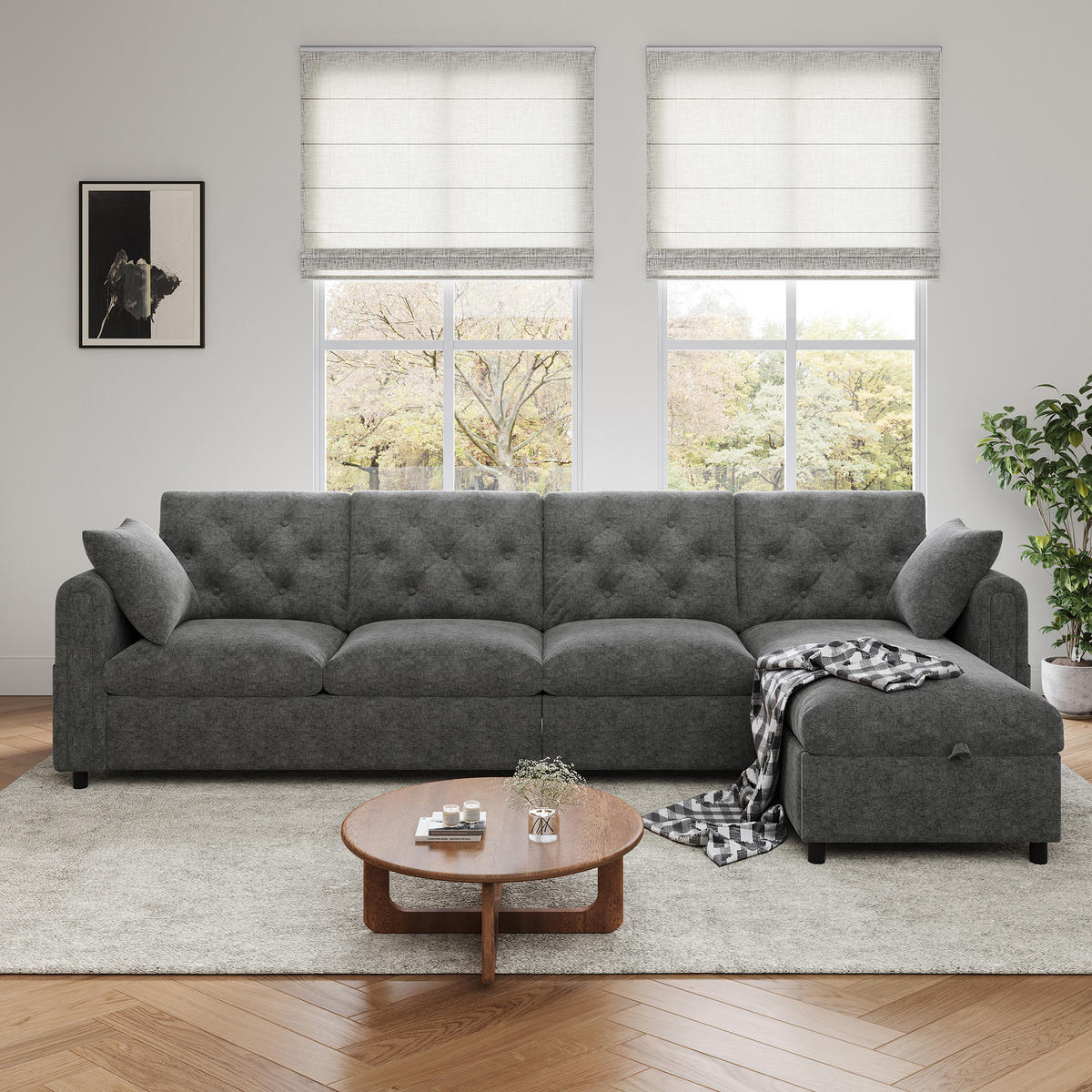 SOFA Grau L-Form Samt Stauraum Armlehne 281cm Knopfheftung - Grau, Textil (132/86/281cm) - FLIEKS