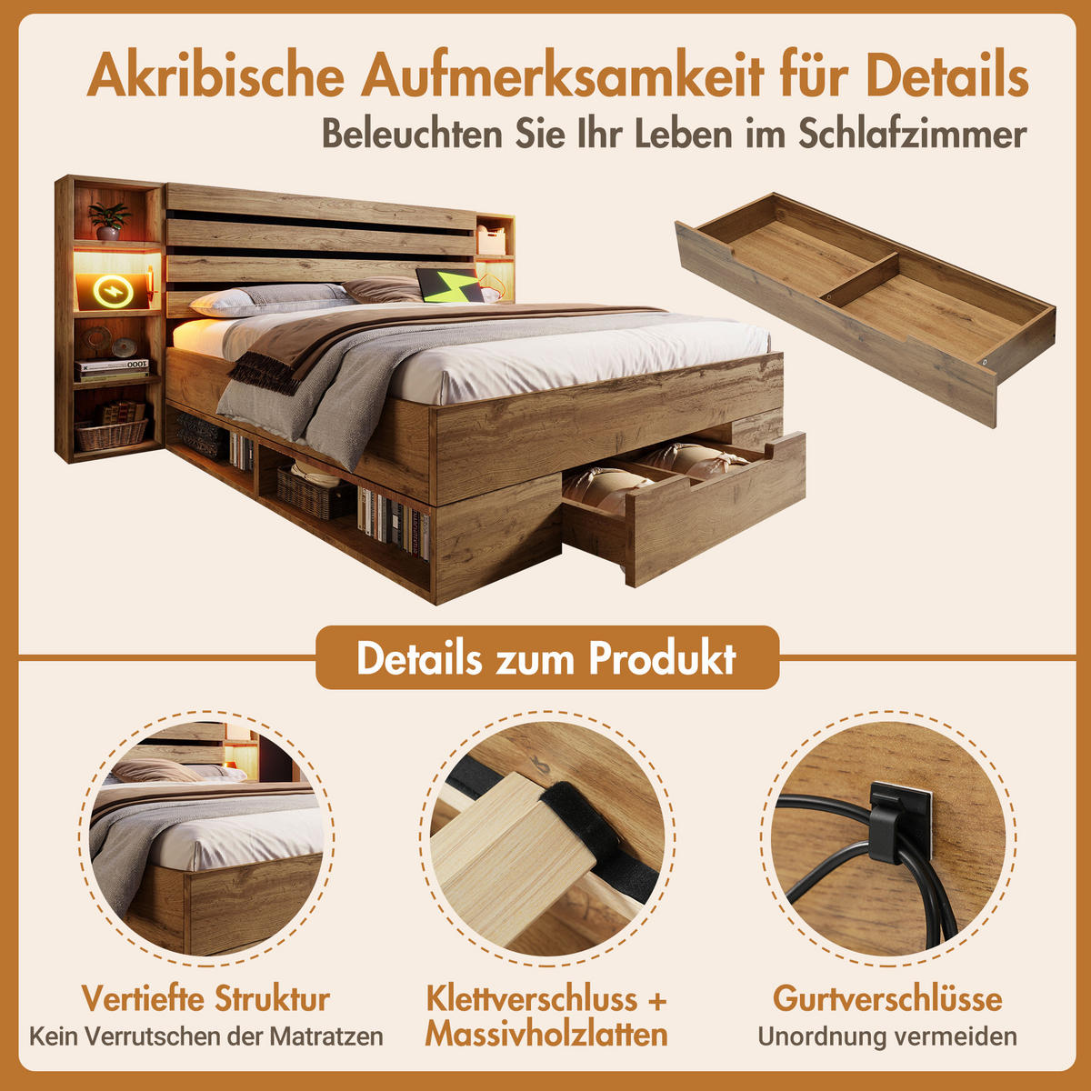 POLSTERBETT 160/200 cm Eiche aus Metall und Holz mit Stauraum - Eichefarben, Metall (160/200cm) - OKMYHOME