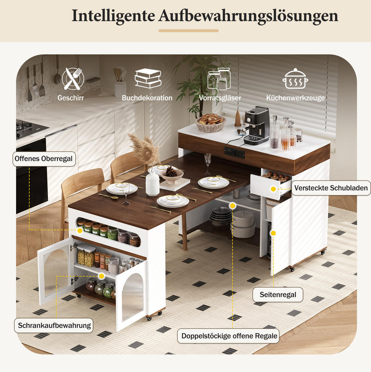 KÜCHENINSEL 50,5-187,5/110,5/95,5 cm aus MDF mit ausziehbarer Tischplatte, Rollen und Steckdosenleiste, Weiß/Walnuss - Walnussfarben, Holzwerkstoff (110.5/95.5/50.5cm) - Redom