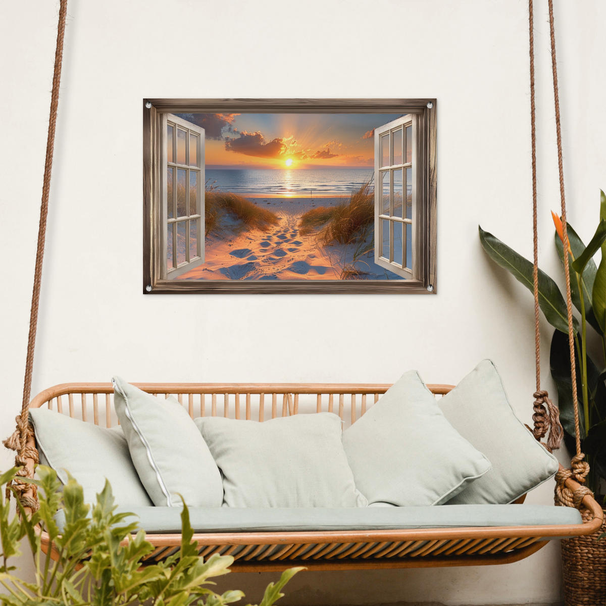 GARTENPOSTER Durchblick - Strand - Dünen - Sonnenuntergang 90x60 cm - Orange, Kunststoff (90/60/0.2cm) - OnlyWow