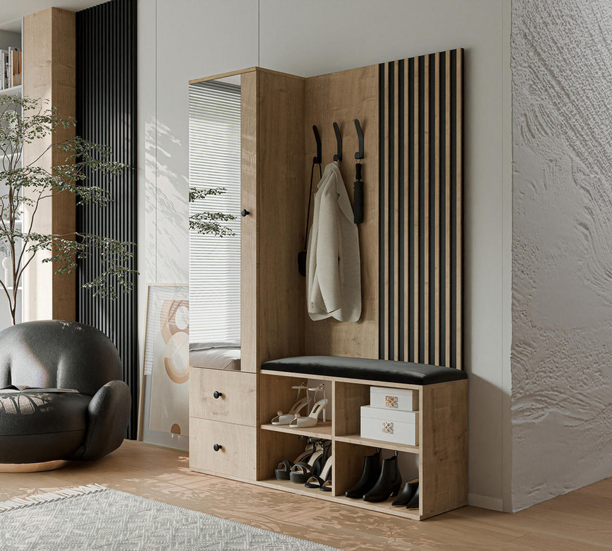 GARDEROBENSCHRANK LUCA in 129/30/196 cm, Artisan-Eiche - Schwarz/Eiche Artisan, Holzwerkstoff/Metall (128.5/195.5/30cm) - Idohome