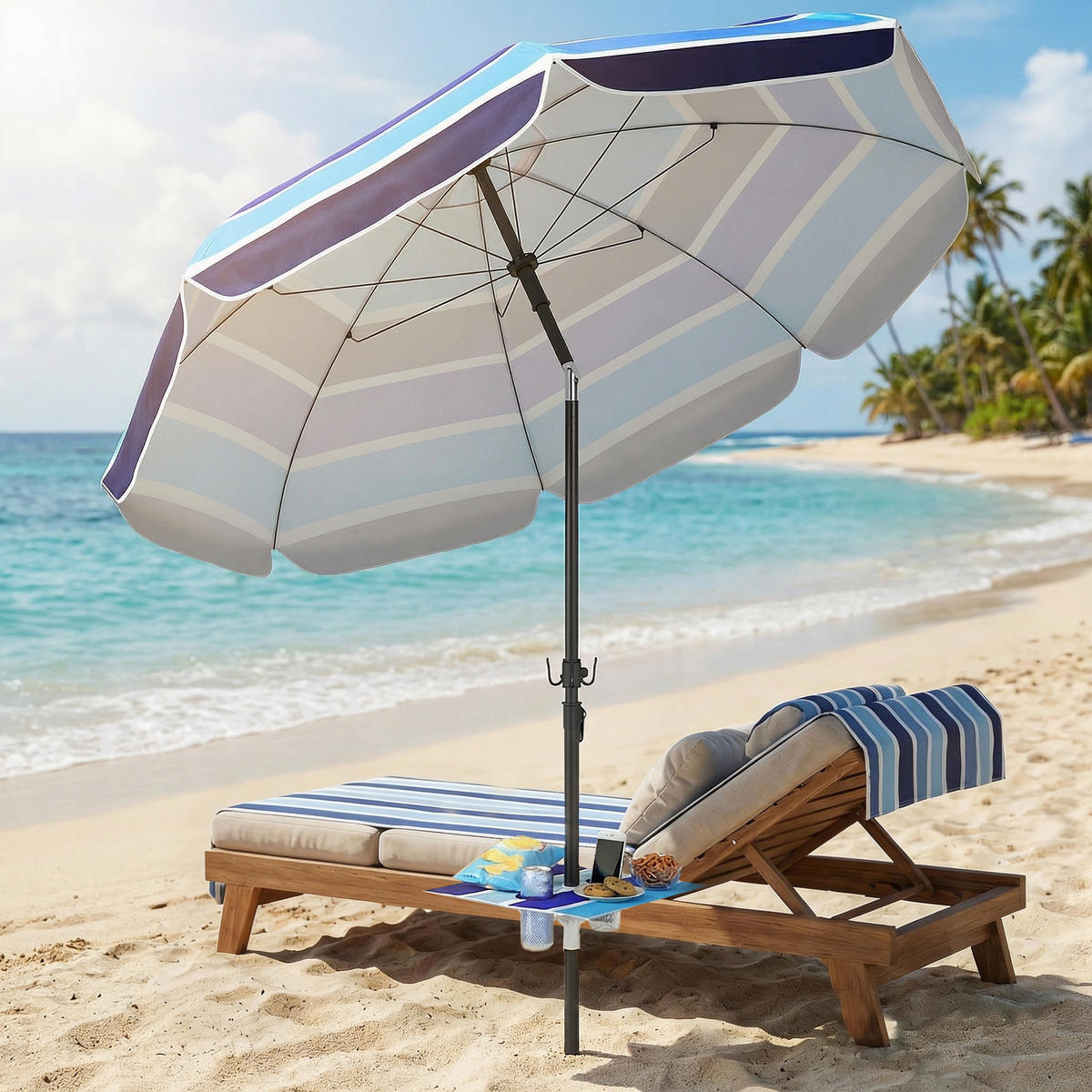 STRANDSCHIRM DE-05609 Mit klappbarem Tisch & Getränkehalter Mehrfarbig - Multicolor, Textil/Metall (198/198cm) - ComfortXL