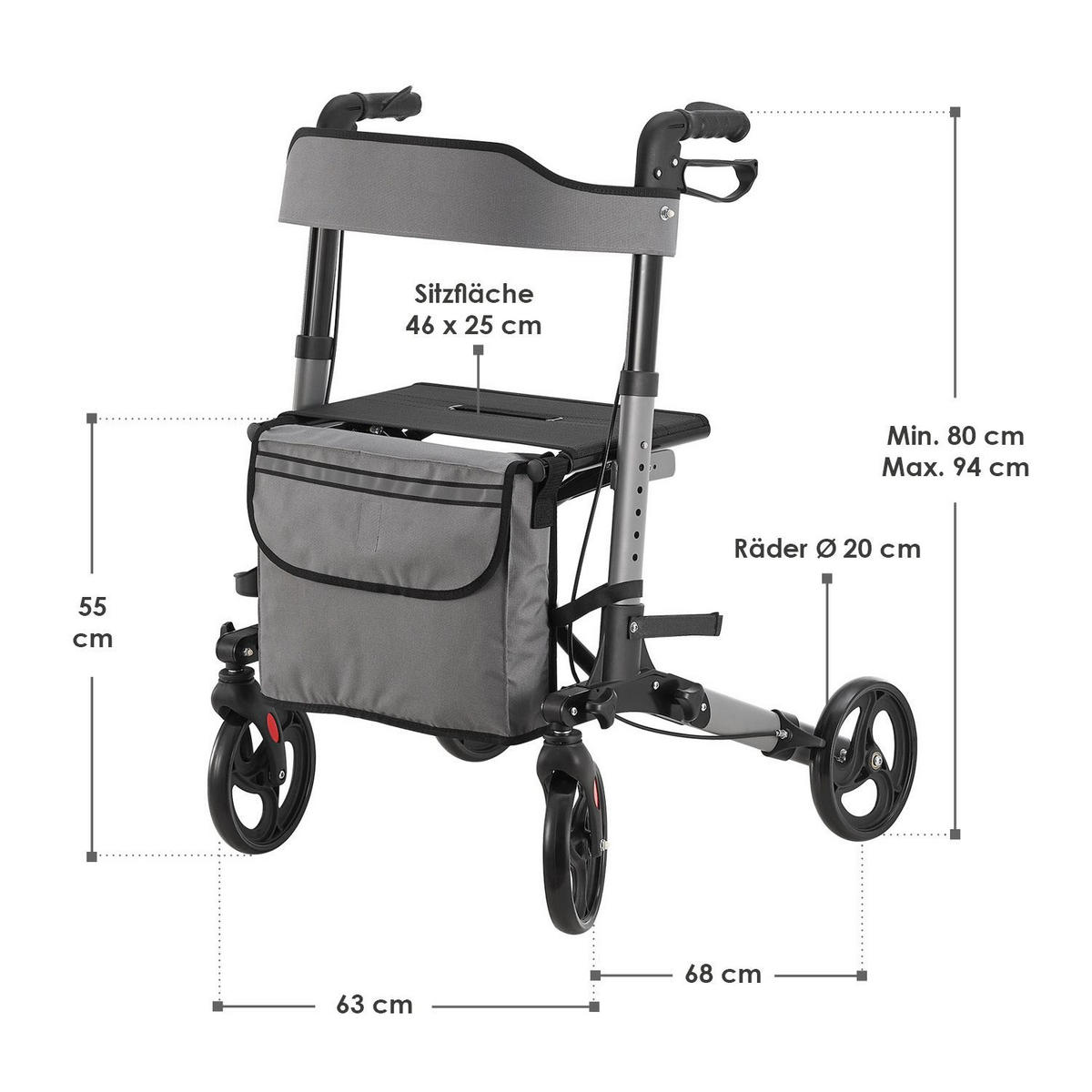 ROLLATOR Vital grau klappbar mit Sitzfläche & Einkaufstasche - Grau, Metall (63/80/68cm) - Juskys