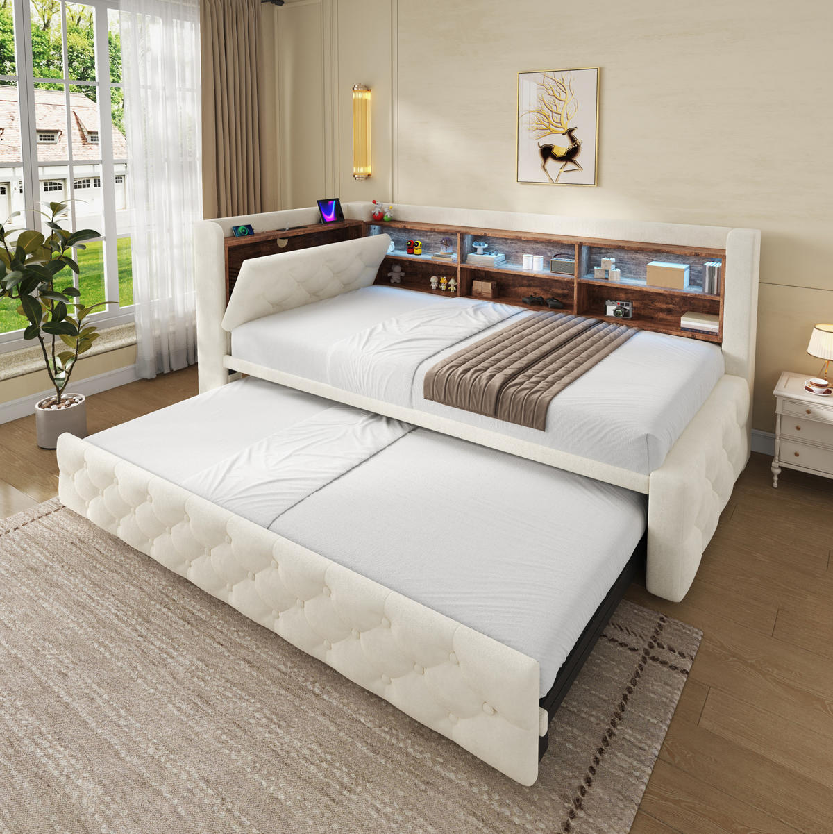 BETT 90/180×190 cm in Beige mit Stauraum, LED-Beleuchtung und USB- und Type-C-Anschlüssen - Beige, Textil (180/190cm) - Flora Grace