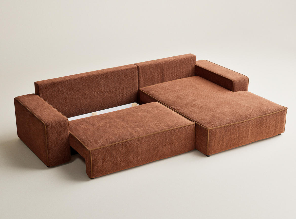 ECKSOFA MIT SCHLAFFUNKTION Modo Beige grau Chenille-Stoff - Rechts Seite - Rostfarben/Schwarz, Holz/Holzwerkstoff (294/185cm) - Maison de Reve
