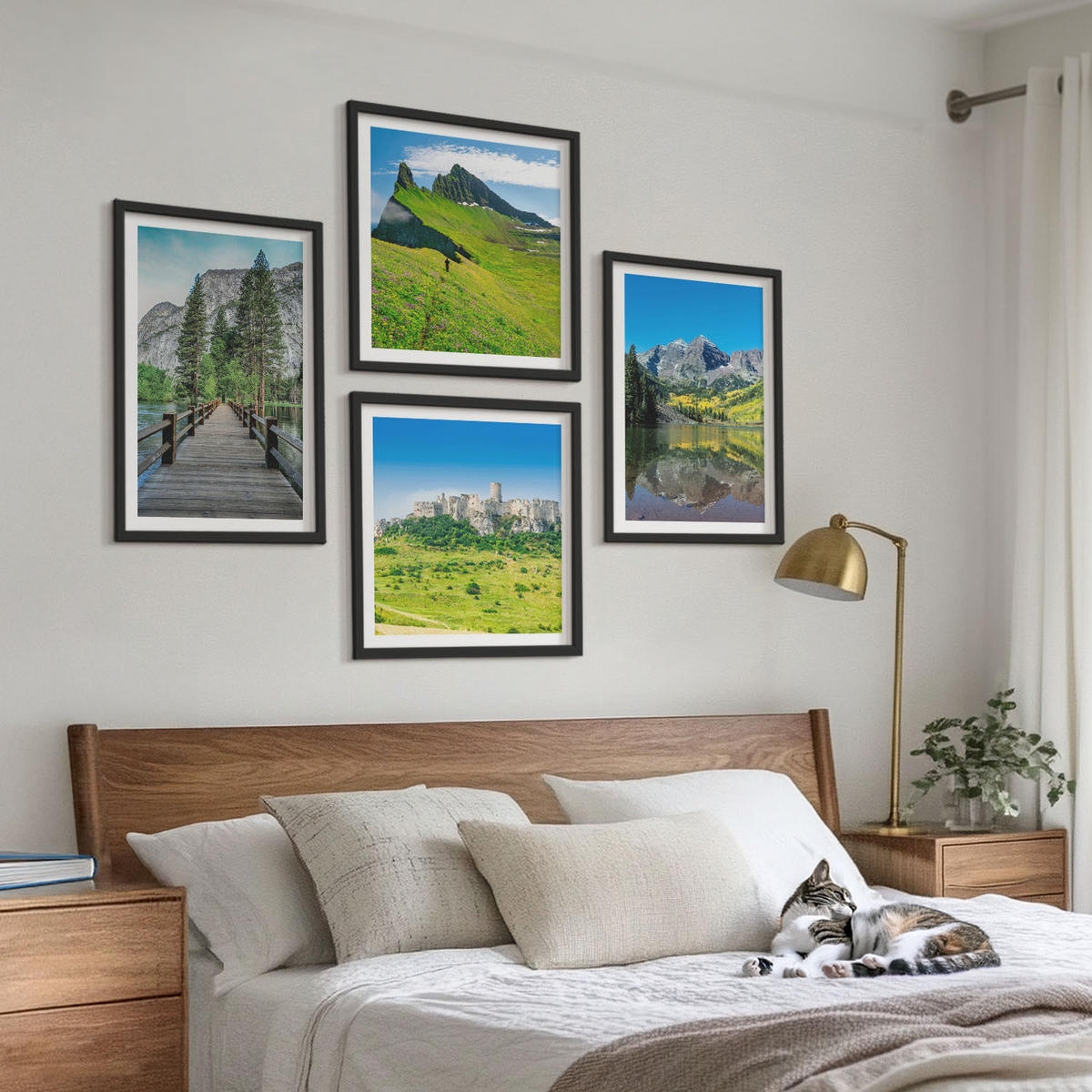BILDER SET 4er Set - 50x50 cm & 40x60 cm Schwarzer Rahmen - Grüne Hügel mit einer Burg - Schwarz, Kunststoff (50/50cm) - TULUP