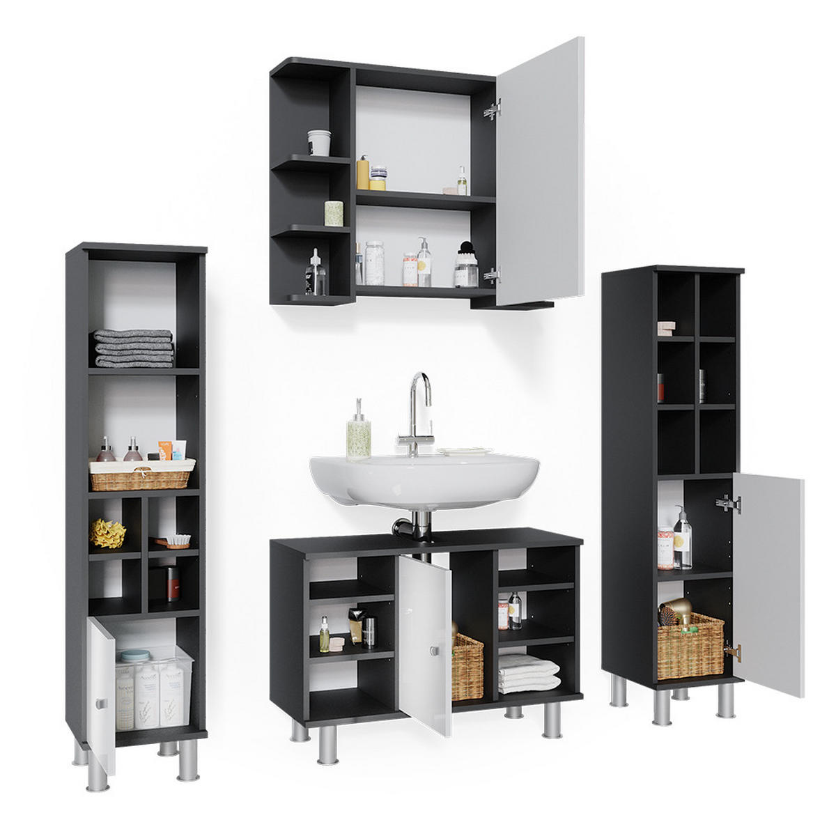 BADMÖBEL-SET Fynn Anthrazit 4 Teile, mit Midischränke - Anthrazit/Weiß, Holzwerkstoff (60/54/32cm) - Vicco