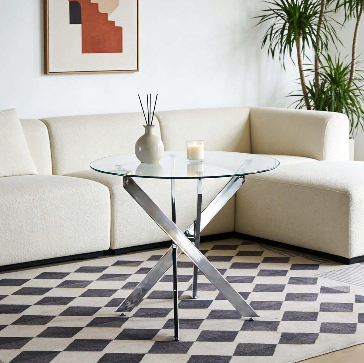 ESSTISCH 80/80/75 cm in Silber mit Glasplatte und Metallgestell - Silberfarben, Metall (80/80/75cm) - Flora Grace