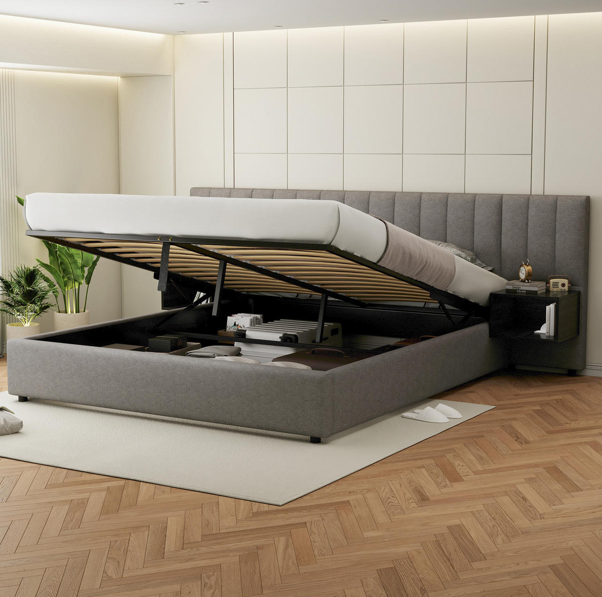BETT mit Stauraum 180x200 cm Leinen Grau-Schwarz mit 2 Nachttischen - Grau, Metall (180/200cm) - Meubliv