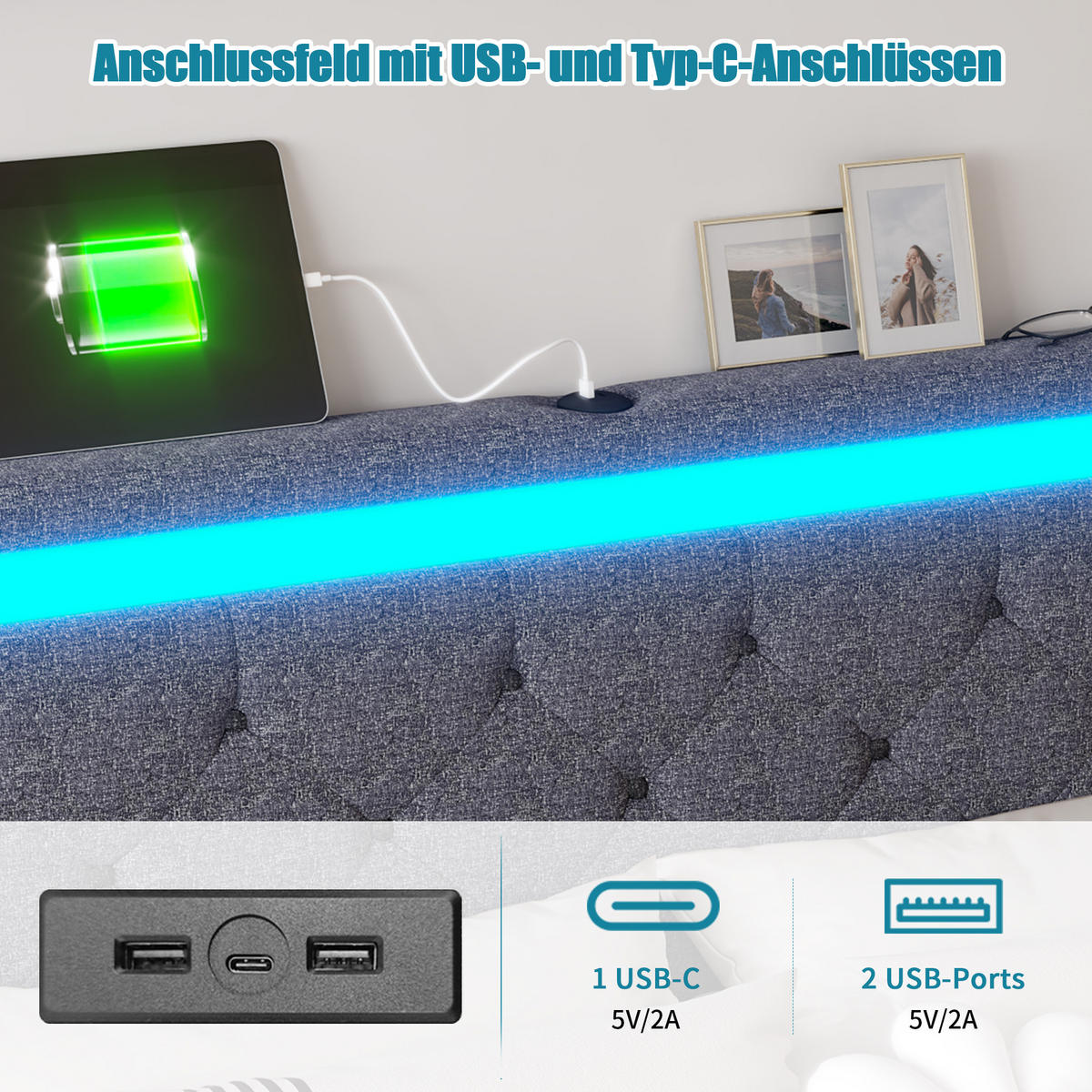 POLSTERBETT 180/200 cm, in Grau Leinenoptik Stoff, Bettkasten, Gepolstertes Kopfteil mit LED-Beleuchtung USB, 4 Metall-Stauraumschubladen - Dunkelgrau, Textil/Metall (180/200cm) - BPKADHY
