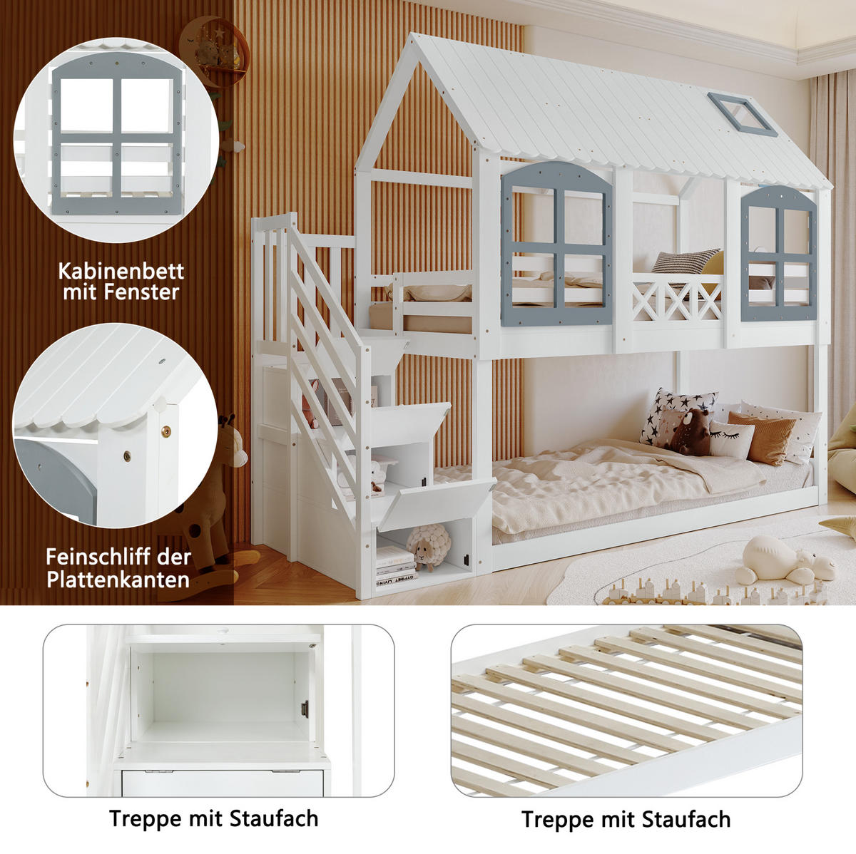 ETAGENBETT aus Kiefernholz und MDF 90x200 cm Weiß/Grau mit Stauraumtreppe, Dach und Fenstern - Weiß, Holzwerkstoff (90/200cm) - IVMEU