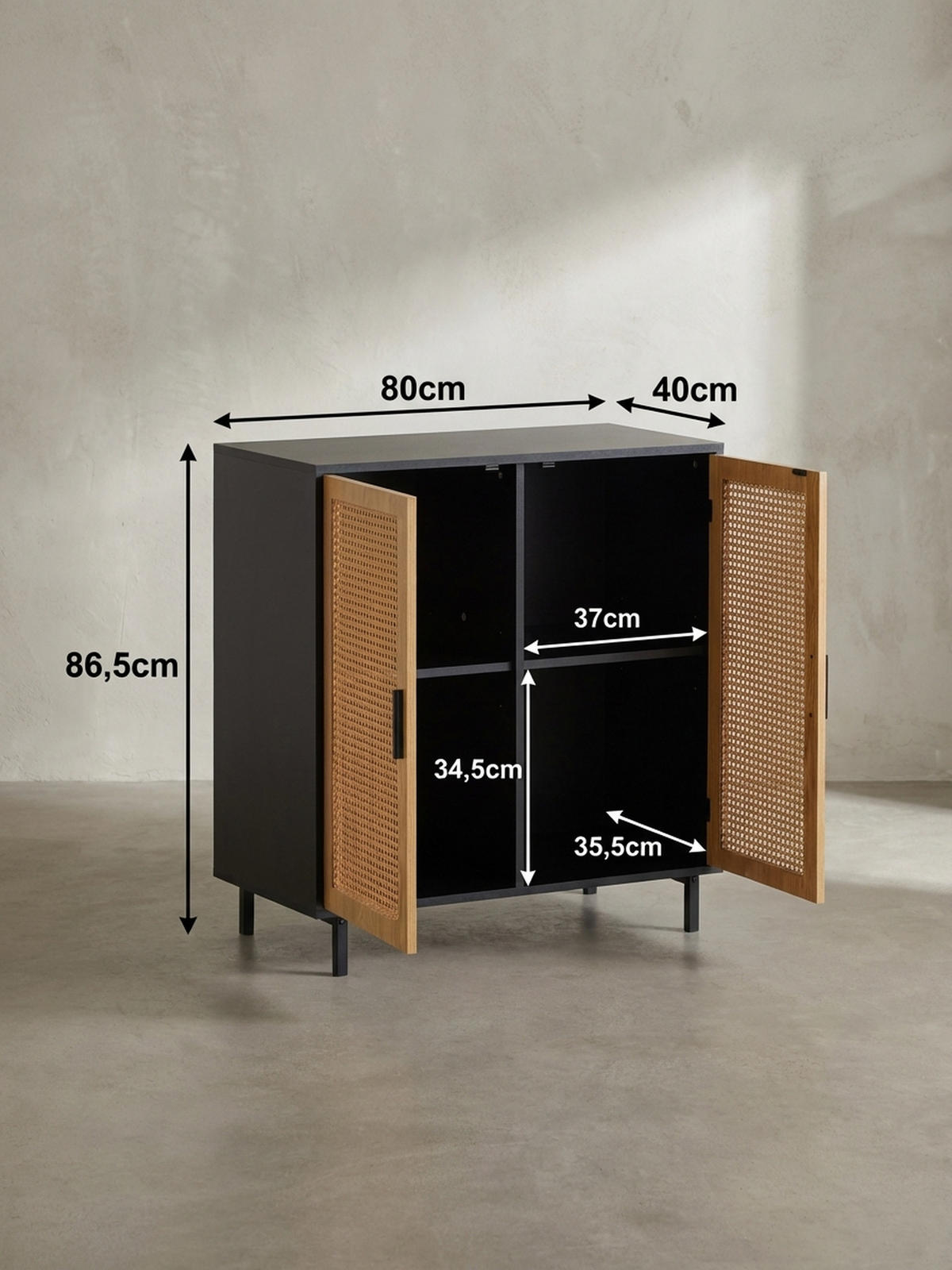 SIDEBOARD – Schwarz, 80x86,5x40 cm, mit Wiener Geflecht, 2 Türen, hoch - Schwarz, Holzwerkstoff/Metall (80/87/40cm) - KADIMA DESIGN