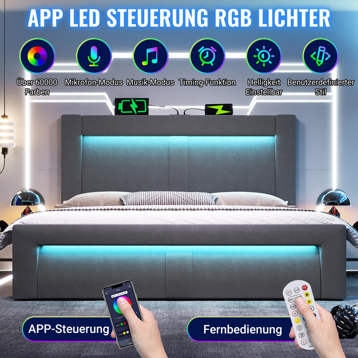 POSTEL 180x200 cm, šedý samet - šedá, textil (180/200cm) - Urban Meuble