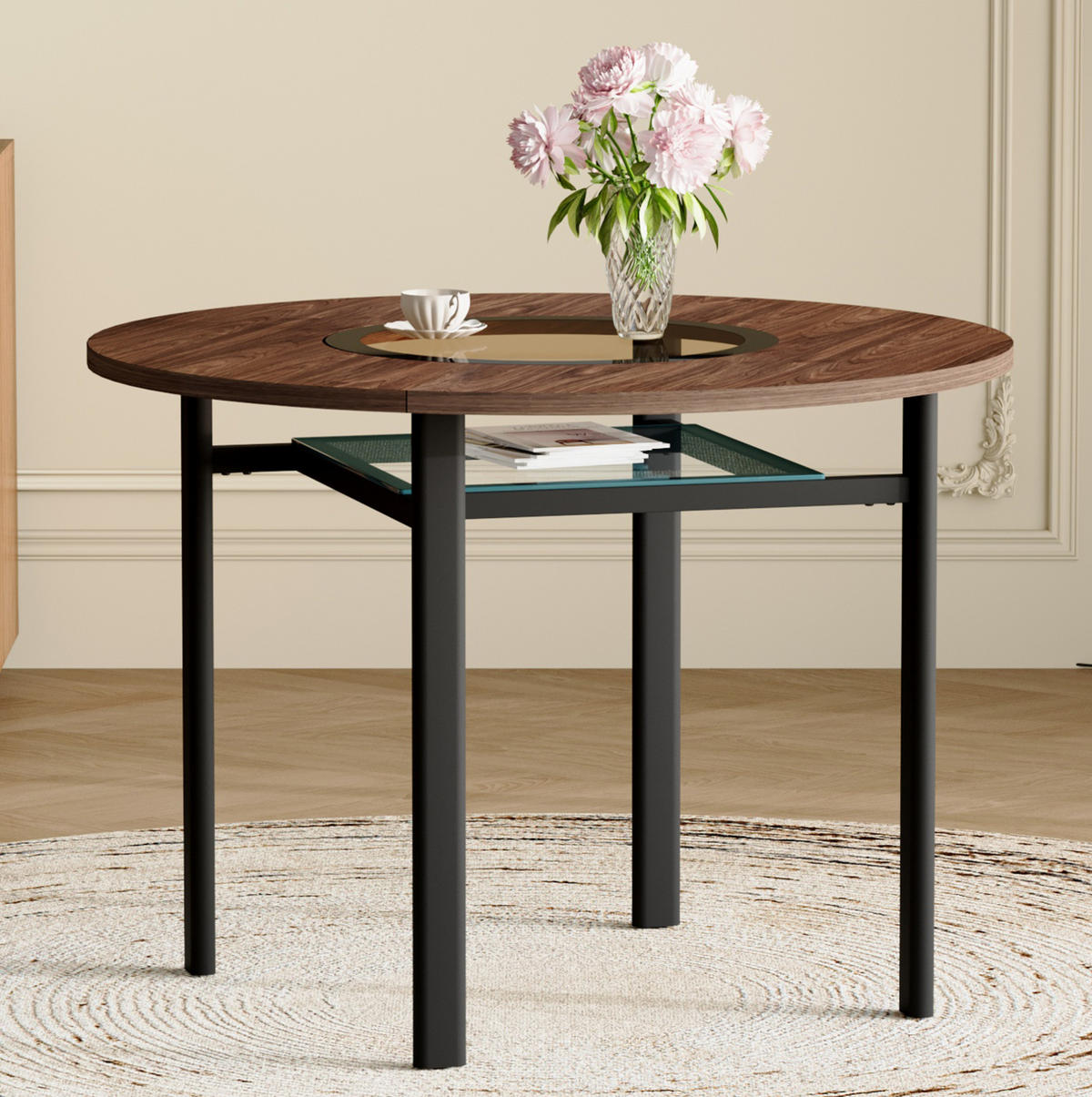 ESSTISCH rund 100 cm in Braun/Schwarz mit Glasintarsie und Ablage - Braun, Holzwerkstoff (100/100/76cm) - Flora Grace