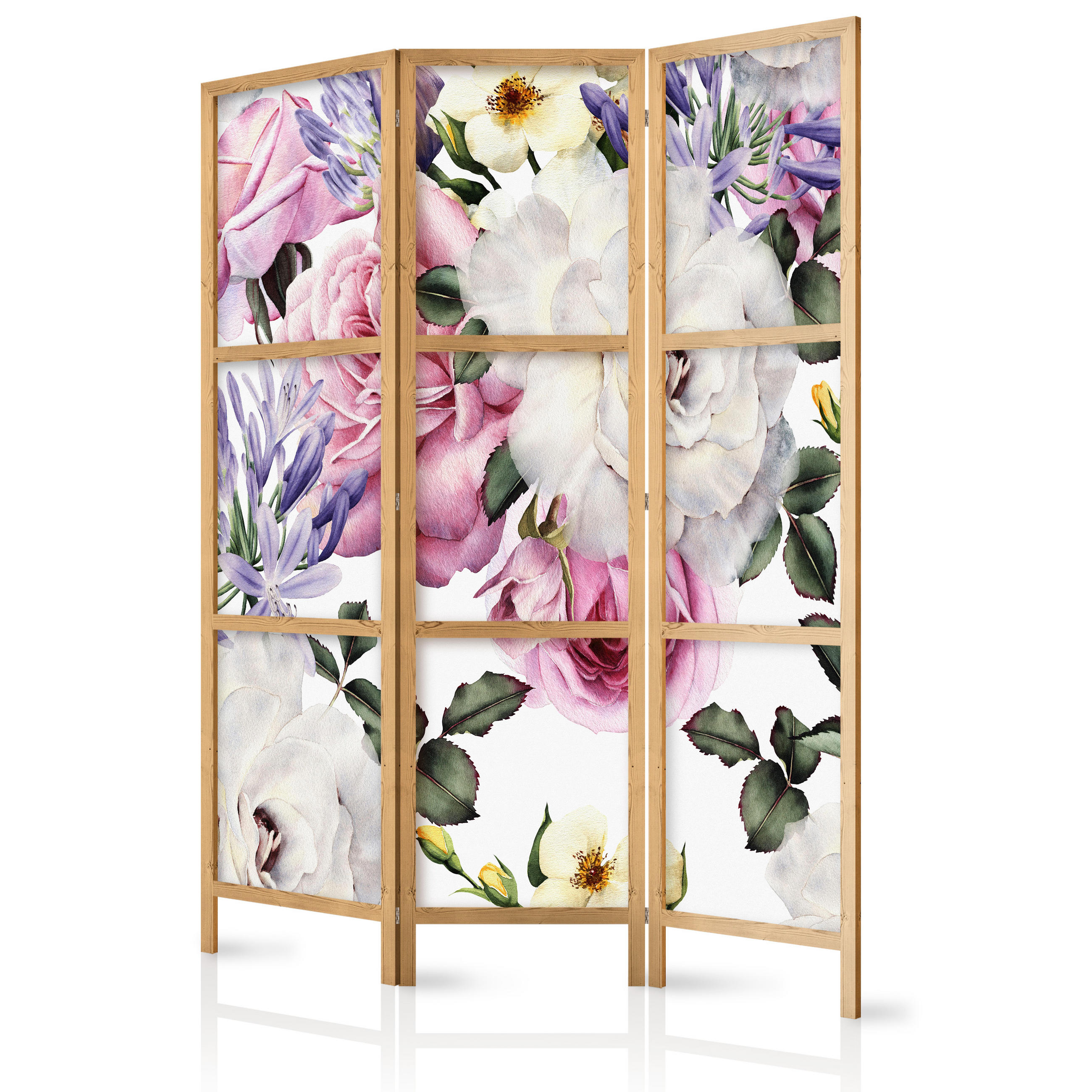 PARAVENT Japanischer 3-tlg 135x172 cm Aquarell Blumen - Multicolor, Holz/Textil (135/172/3cm) - Muralo