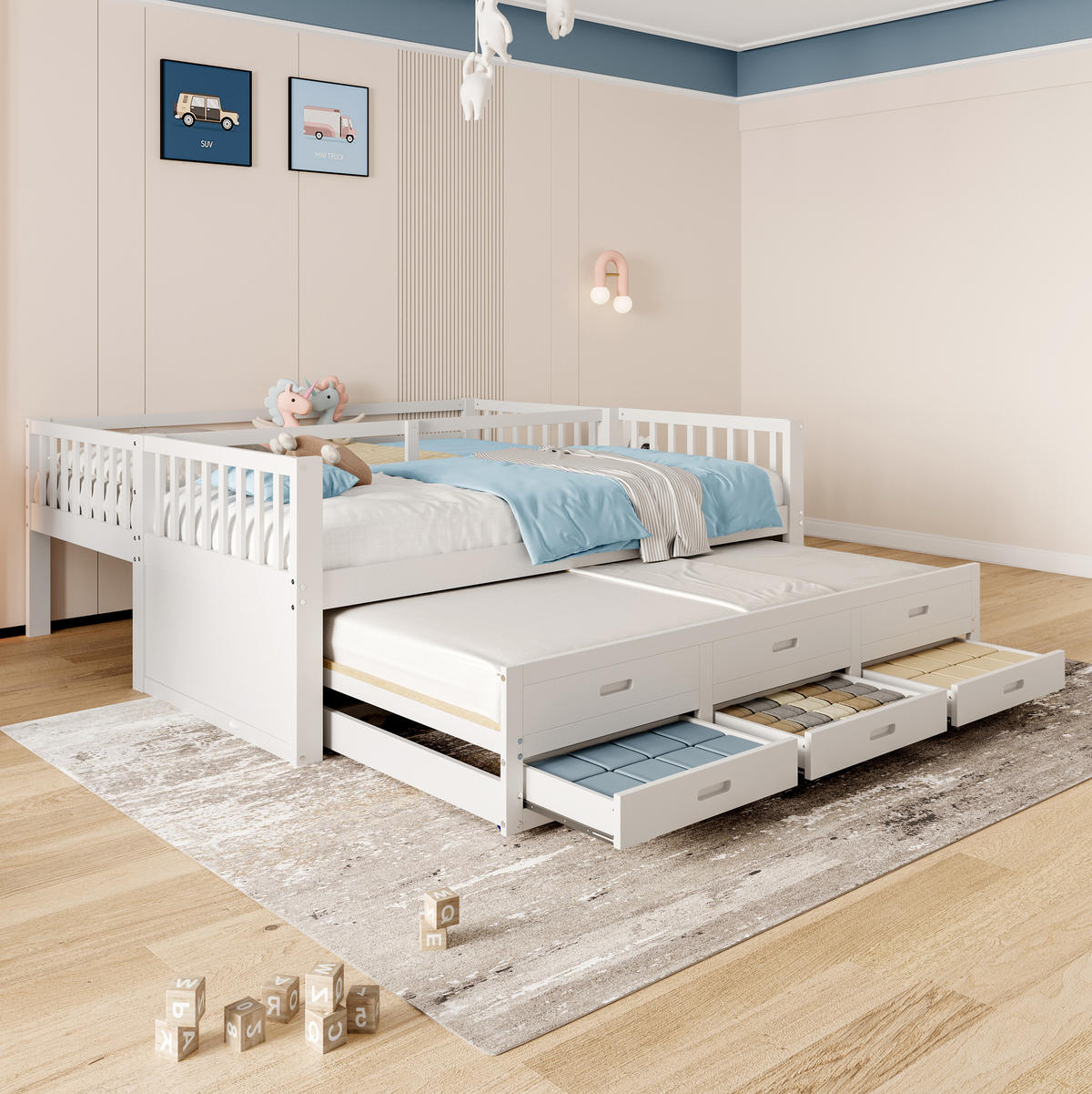 ETAGENBETT 90/200 cm aus Kiefernholz mit Ausziehbett und 3 Schubladen, Weiß - Weiß, Holz (90/200cm) - Flora Grace