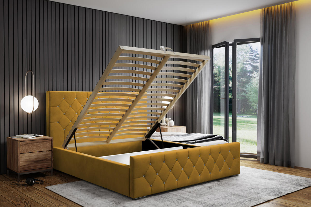 POLSTERBETT Mona I Polsterbett modern, hochwertiger Stoff, Bettkasten, elegantes halbrundes Design 160x200 cm, gelb. - Gelb/Schwarz, Holzwerkstoff/Kunststoff (140/200cm) - DomoHome