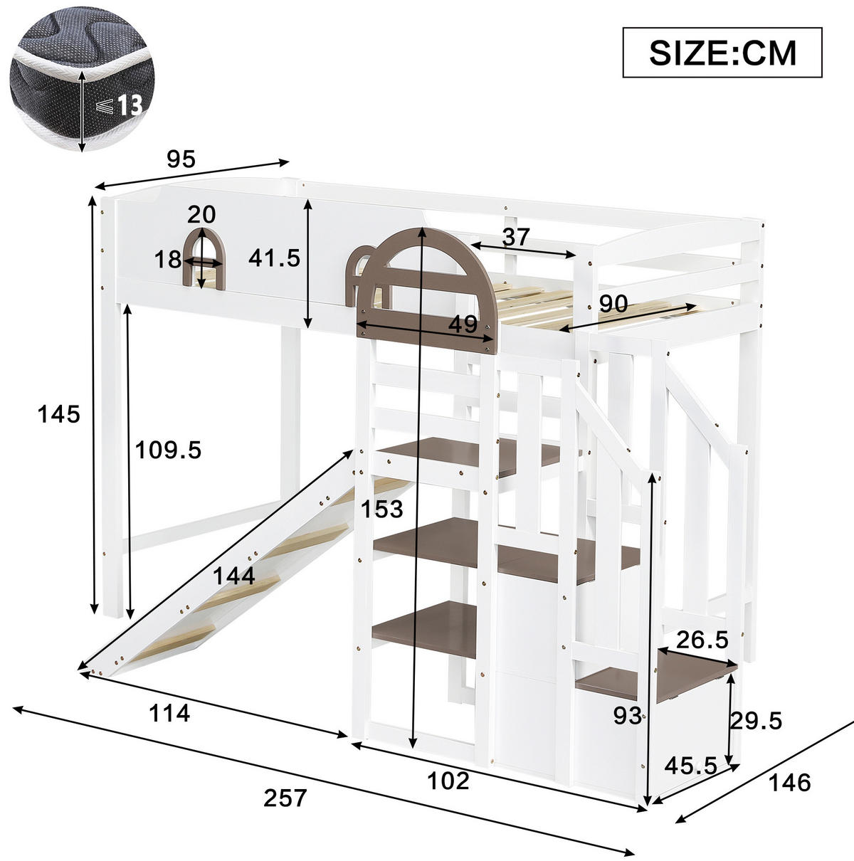 ETAGENBETT 90/200 cm in Weiß mit Rutsche, Stauraumtreppe und Fenstern - Weiß, Holzwerkstoff (90/200cm) - OKMYHOME