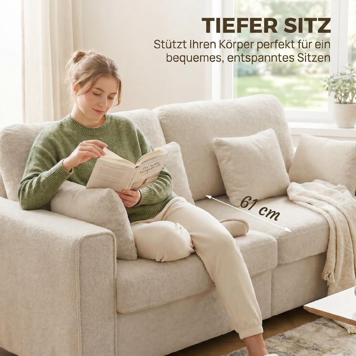 SOFA, 3-Sitzer, Raindrop-Samt, Federkissen, beige - Multicolor, Holzwerkstoff (211.5/90/85cm) - FORIOUS