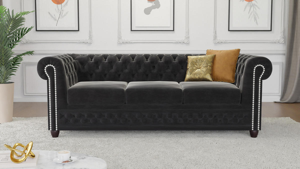 SITZGARNITUR 3+2+1 Chesterfield Nyx Schwarz Samt - Schwarz/Braun, Holz/Textil (203/72/86cm) - S-Style Möbel