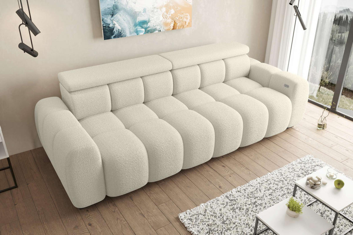 BIGSOFA ALESSIO Bouclé-Stoff Weiß mit elektrischer Sitztiefenverstellung - Weiß, Kunststoff/Textil (248/77/108cm) - 99rooms