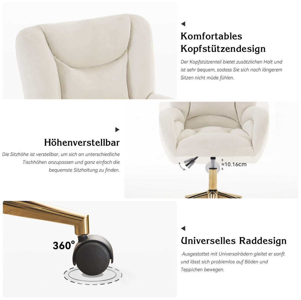 DREHSTUHL Samt mit höhenverstellbarem Sitz und Rollen 64/62/92.5 cm Beige - Beige, Textil (62/92.5/64cm) - Redom