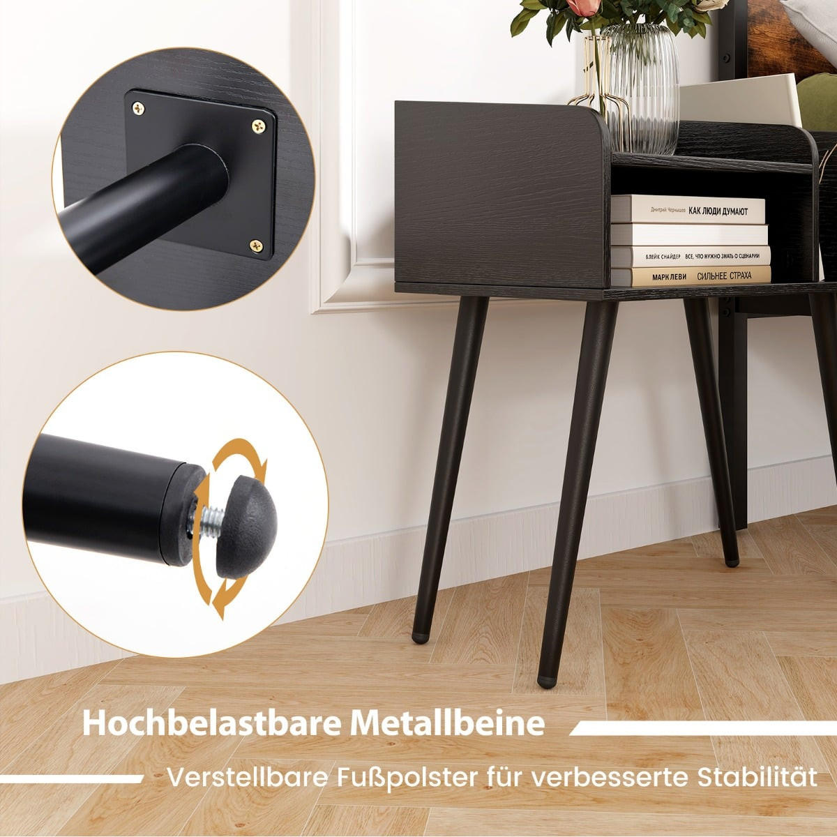 NACHTTISCH mit offenem Fach, Metallbeinen, 50 x 32 x 58 cm, Schwarz - Schwarz, Holzwerkstoff/Metall (50/58/32cm) - DESIGN IN