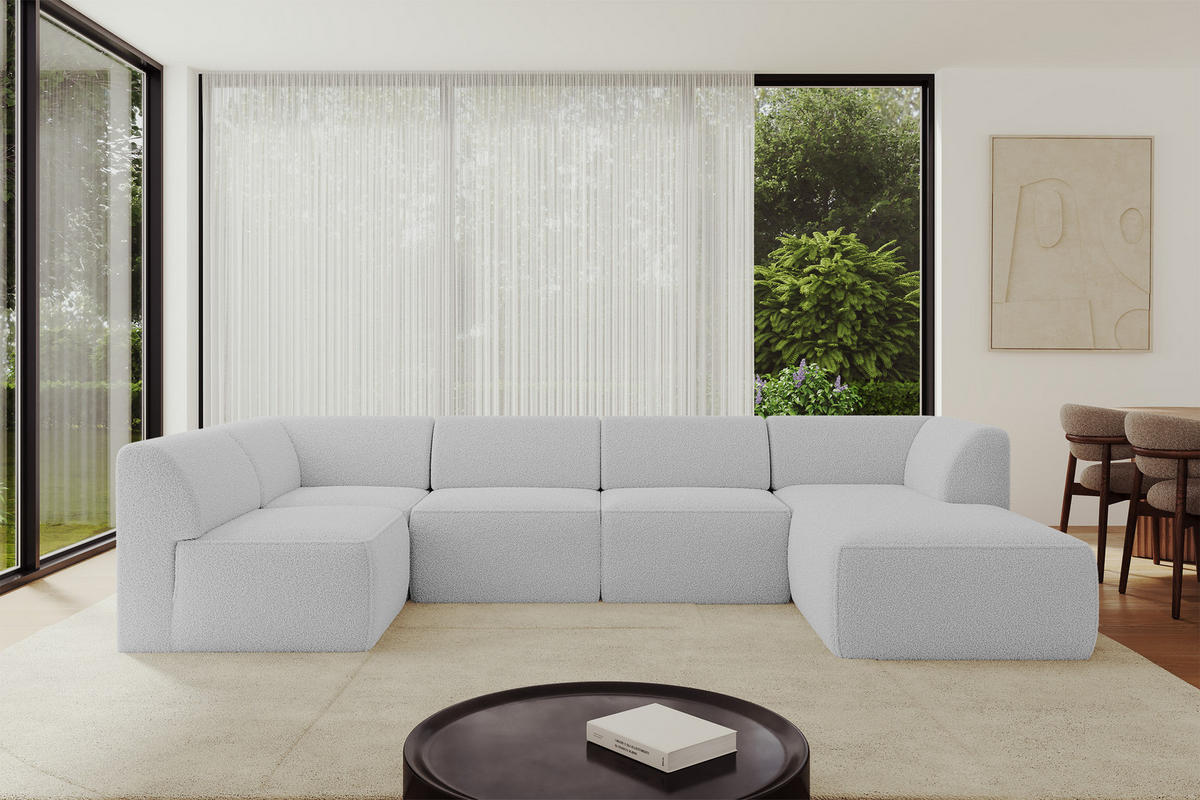 WOHNLANDSCHAFT Ottomane Rechts MOVO-L 345x180x78 cm Hellgrau Bouclé - Anthrazit, Holzwerkstoff/Kunststoff (180/78/345cm) - ALTDECOR