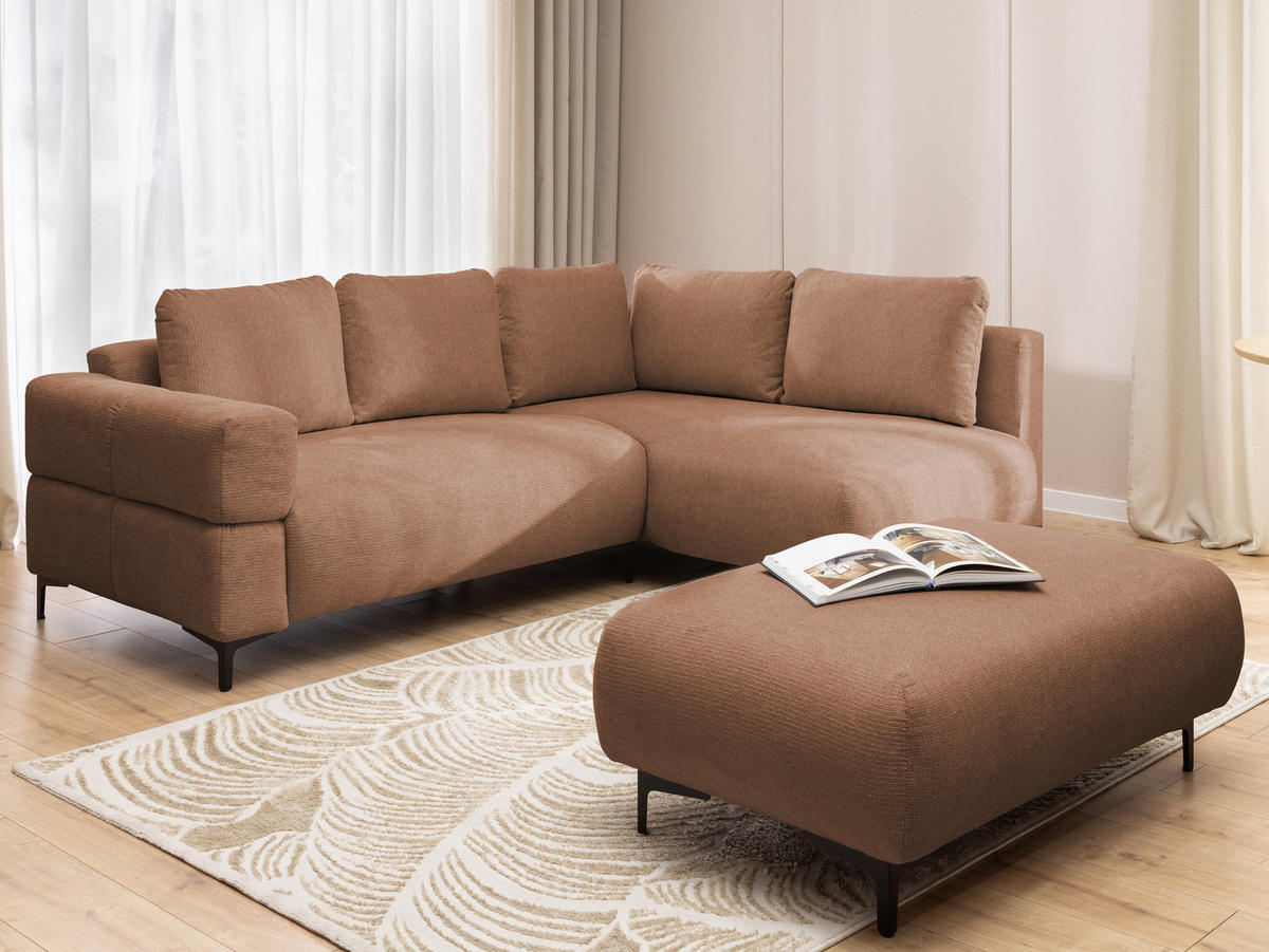 ECKSOFA inkl. Hocker Cardea mit Schlaffunktion in Bubble-Optik aus weichem Terrakotta Strukturstoff und hohem Sitzkomfort - Ottomane rechts - Terracotta/Schwarz, Holz/Textil (230/170cm) - S-Style Möbel