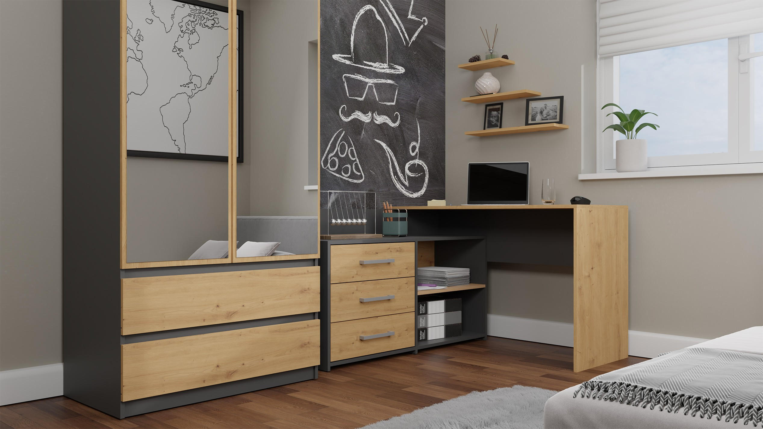 Thumbnail - CDF Eckschreibtisch, Eiche Artisan, Anthrazit, Holzwerkstoff, 120x76x50 cm, Arbeitszimmer, Schreibtische, Eckschreibtisc...