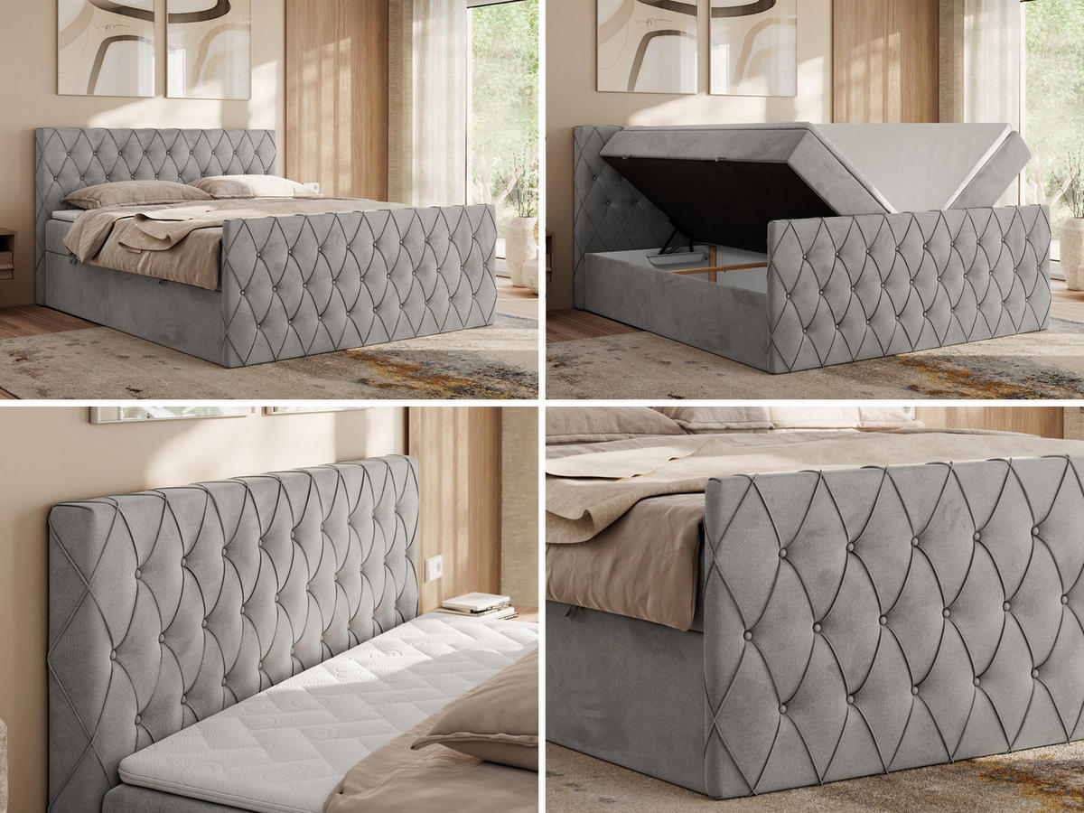 BOXBETT MIREN DUO 160/200 - Hellgrau Velvet - H3 - Hellgrau, Holz/Textil (160/200cm) - MKS