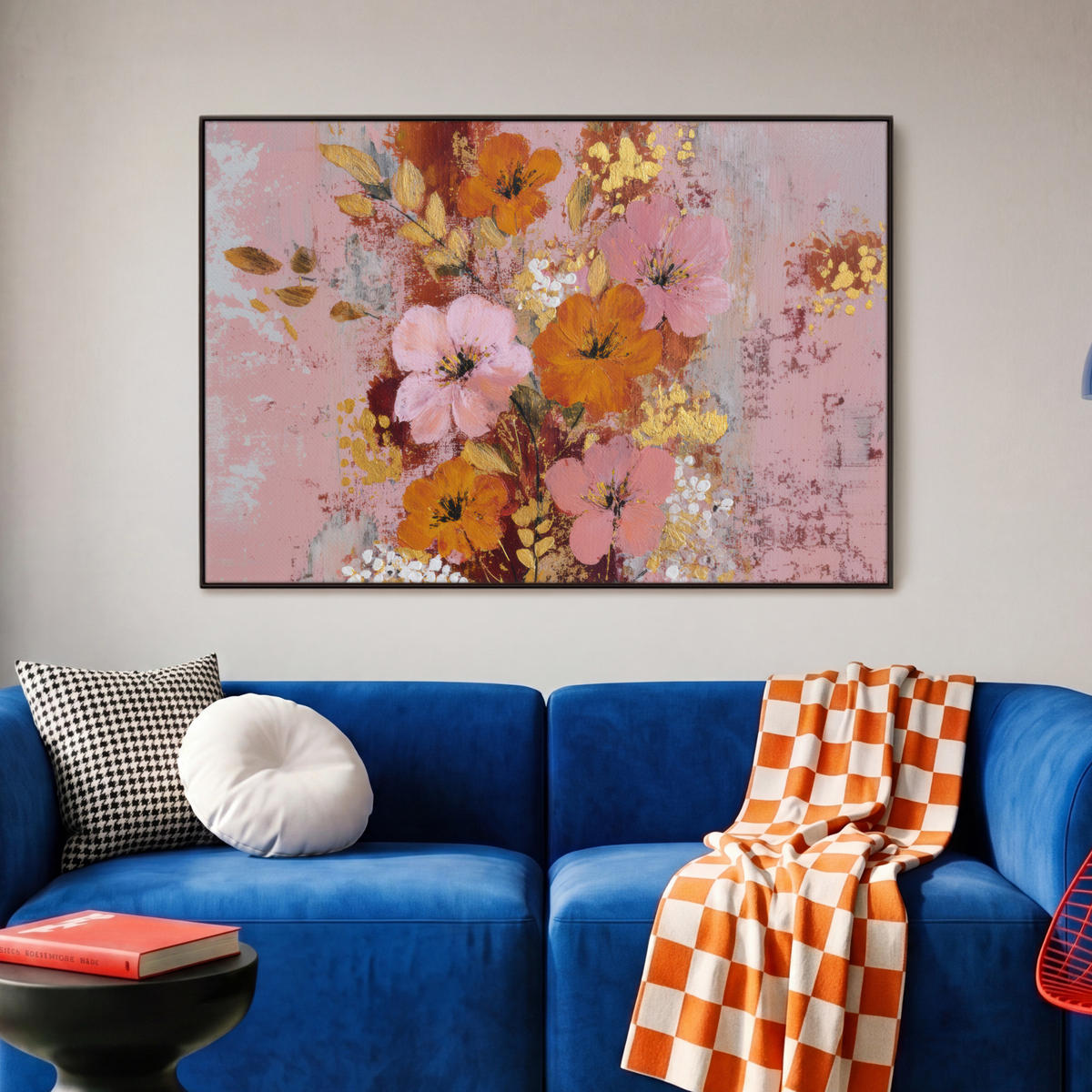 LEINWAND Bilder mit Rahmen - Malerei - Blumen - Rustikal - Rosa - 90x60 - Altrosa, Textil (90/60cm) - MuchoWow