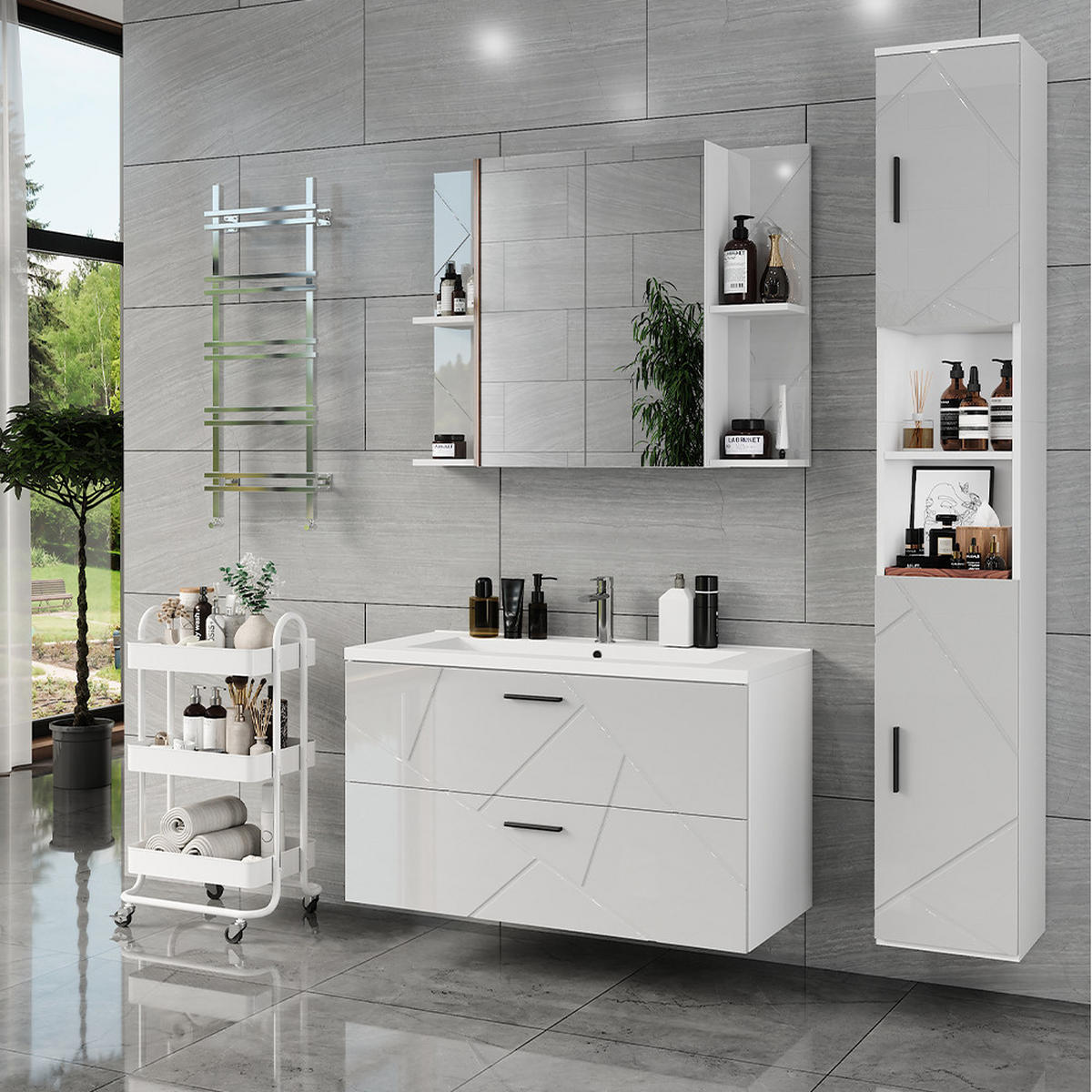 SÚPRAVA KÚPEĽŇOVÉHO NÁBYTKU Irma Biela/biela s vysokým leskom - biela s vysokým leskom, kompozitné drevo (100/57/44.6cm) - Vicco
