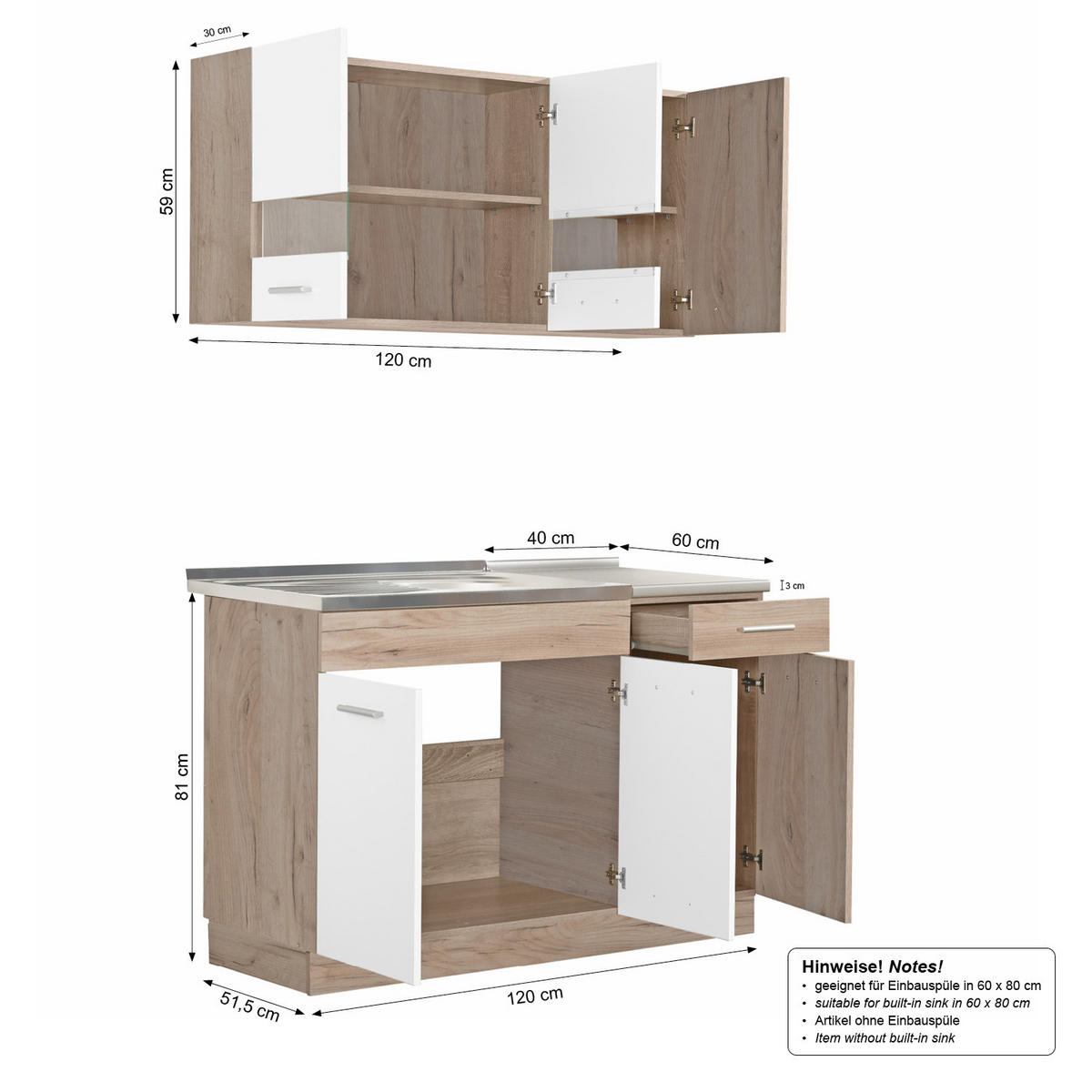 KÜCHENLEERBLOCK 120 cm in Weiß - Silberfarben/Weiß, Holz/Holzwerkstoff (120/206/60cm) - Homestyle4u