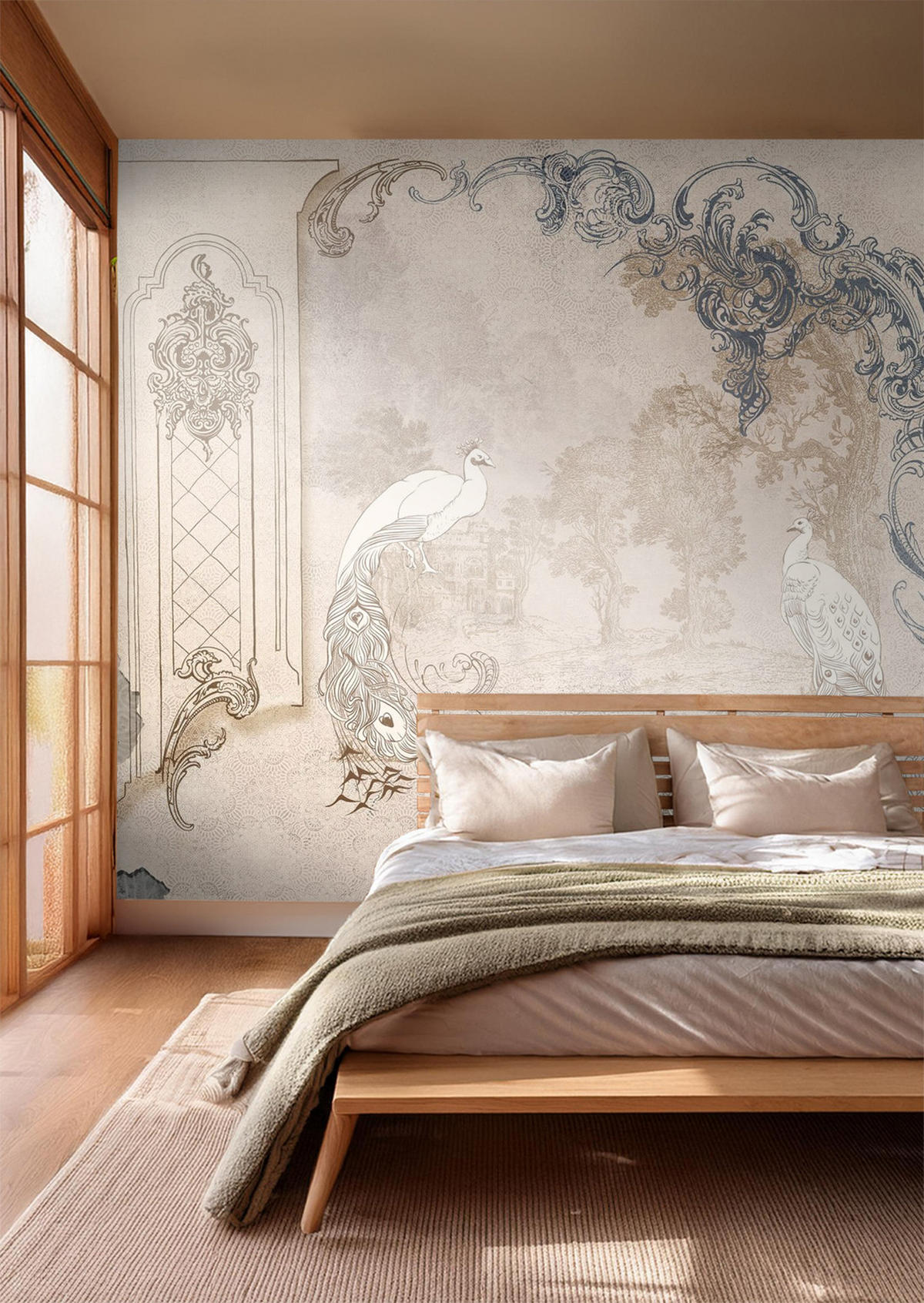 FOTOTAPETE orientalische Landschaft mit Pfauen 375 x 270 cm - Beige, Papier (375/270cm) - Sanders & Sanders