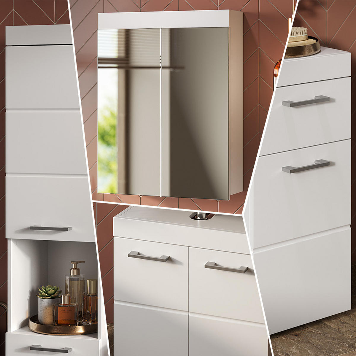 BADMÖBEL-SET Luna Weiß 3 Teile, mit Hochschrank - Weiß, Holzwerkstoff (60/56/34cm) - Vicco