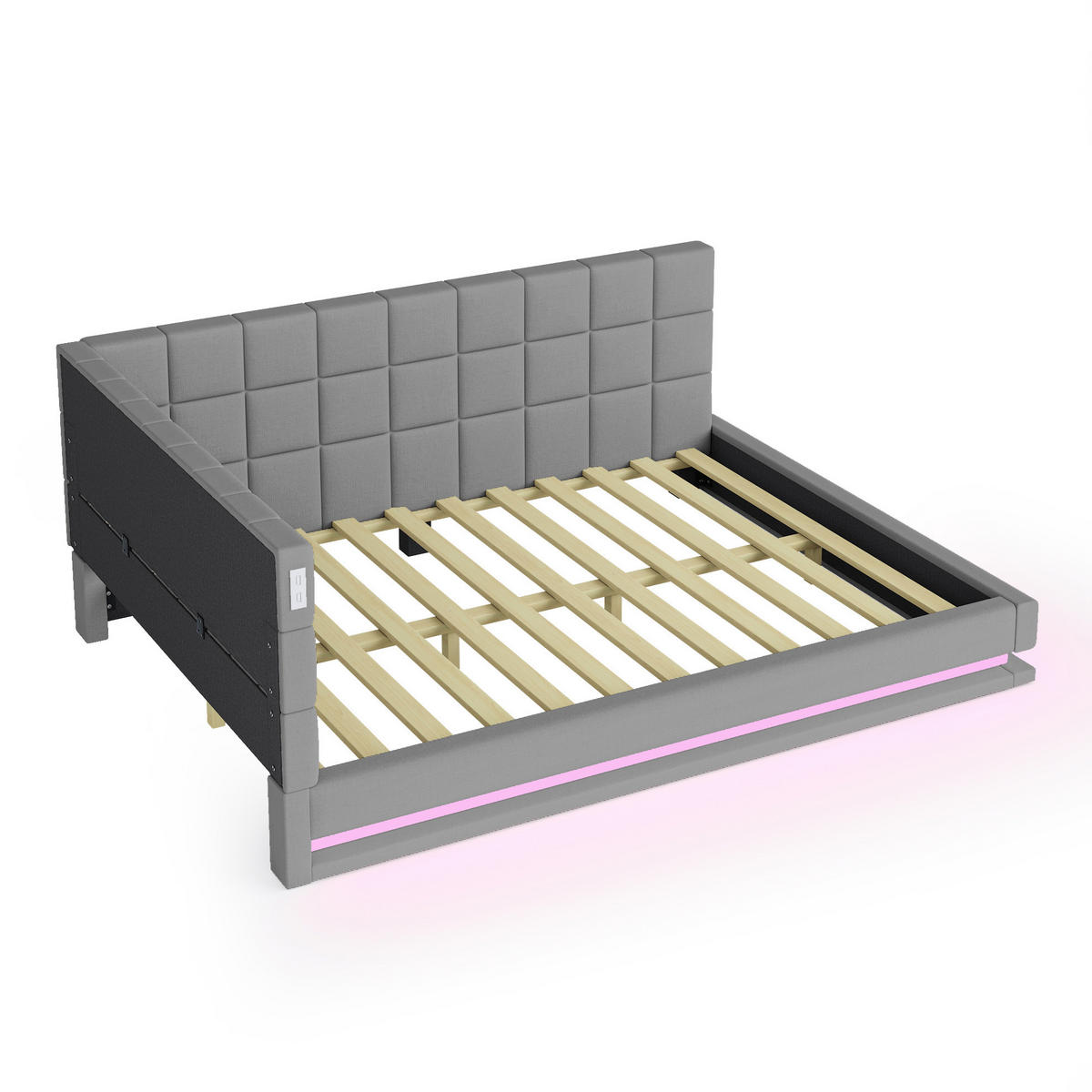 POLSTERBETT aus Leinen 160x200 cm Grau mit LED-Beleuchtung, USB-Anschluss und Lattenrost - Grau, Textil (160/200cm) - Modfu